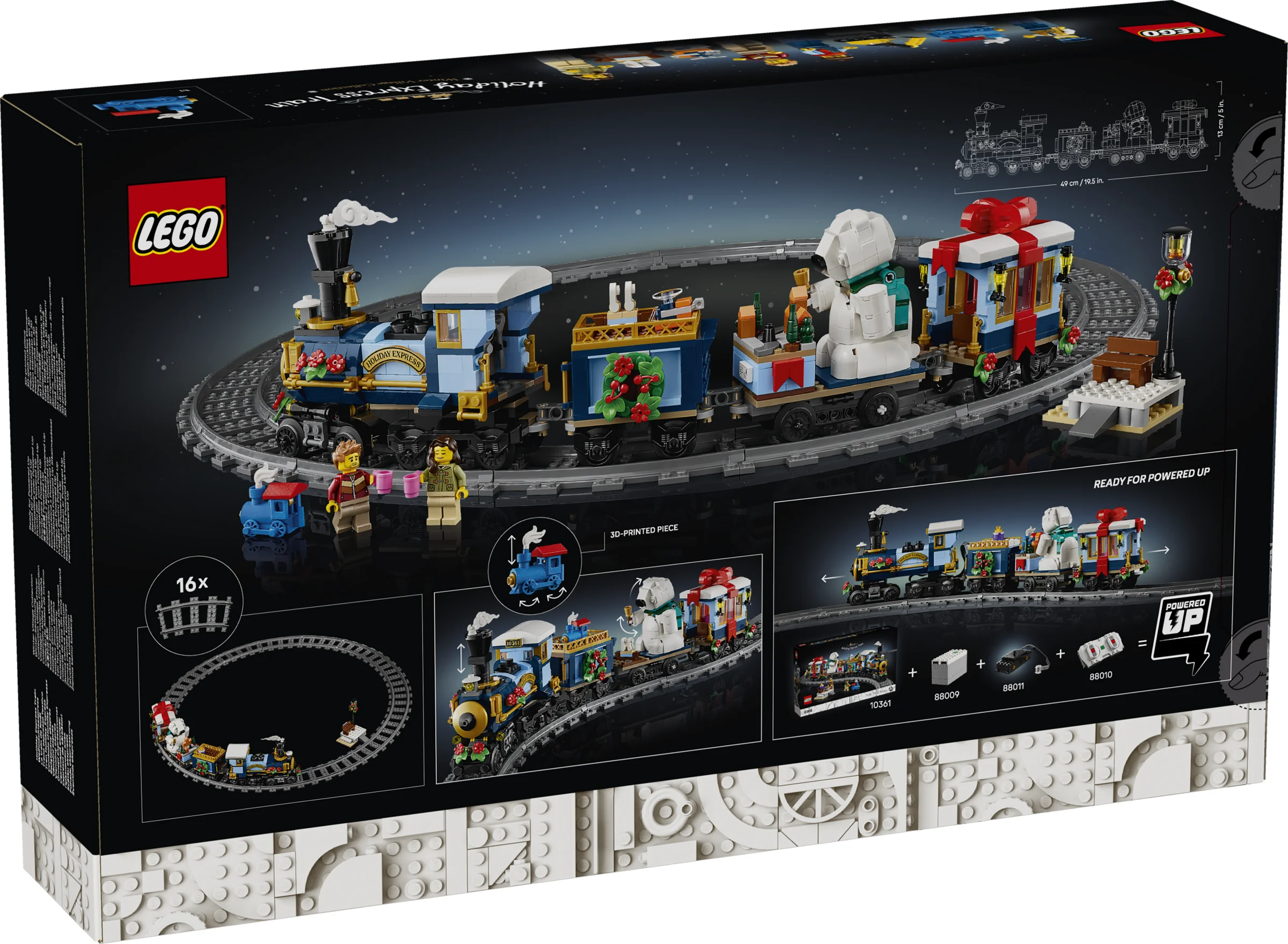 Cutia LEGO 10361 „Holiday Express Train” prezintă trenul de sărbători complet asamblat. Include minifigurine și accesorii festive.