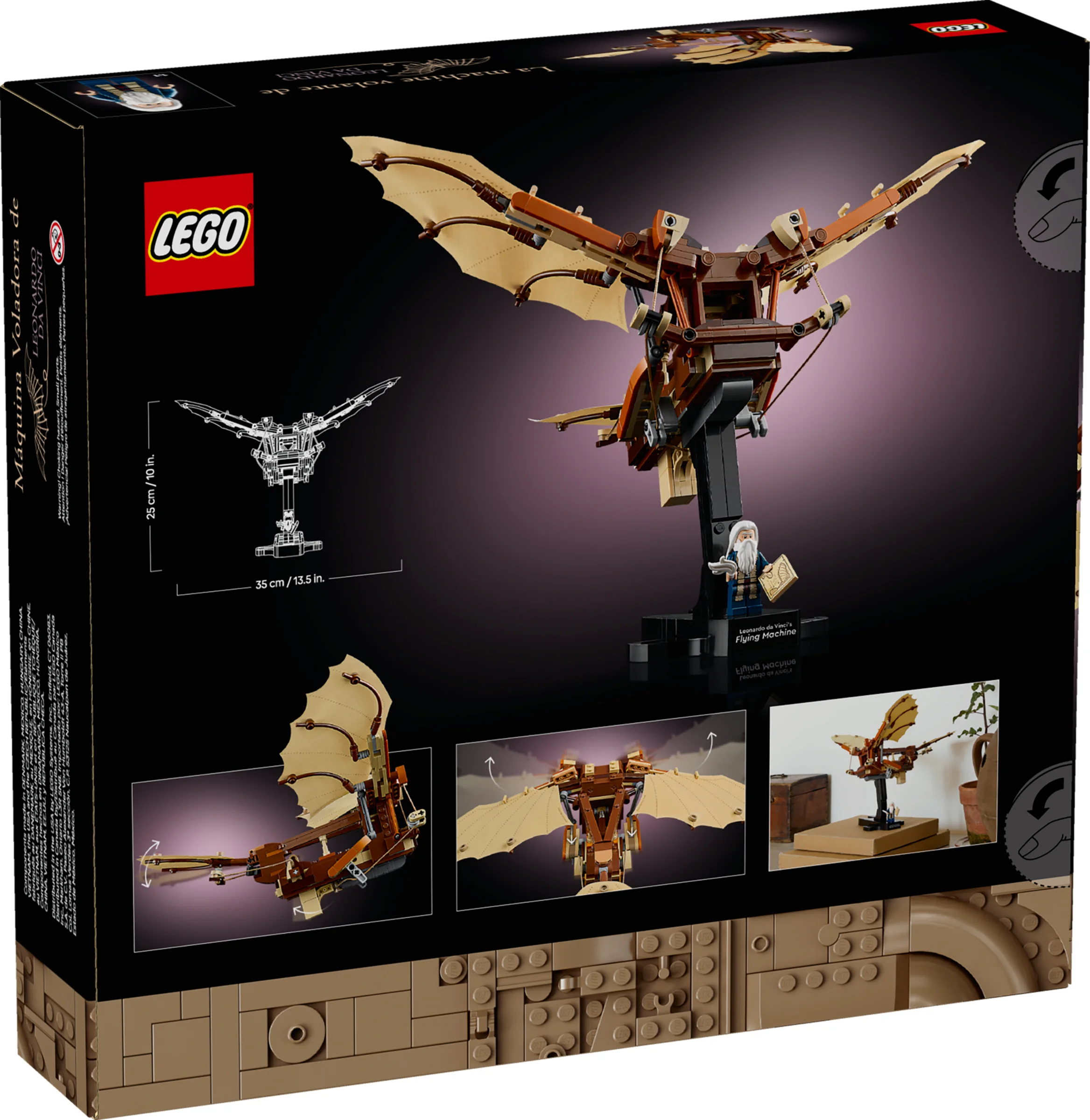 Cutia LEGO 10363, Mașina de zburat a lui Leonardo da Vinci, cu modelul și detaliile prezentate.