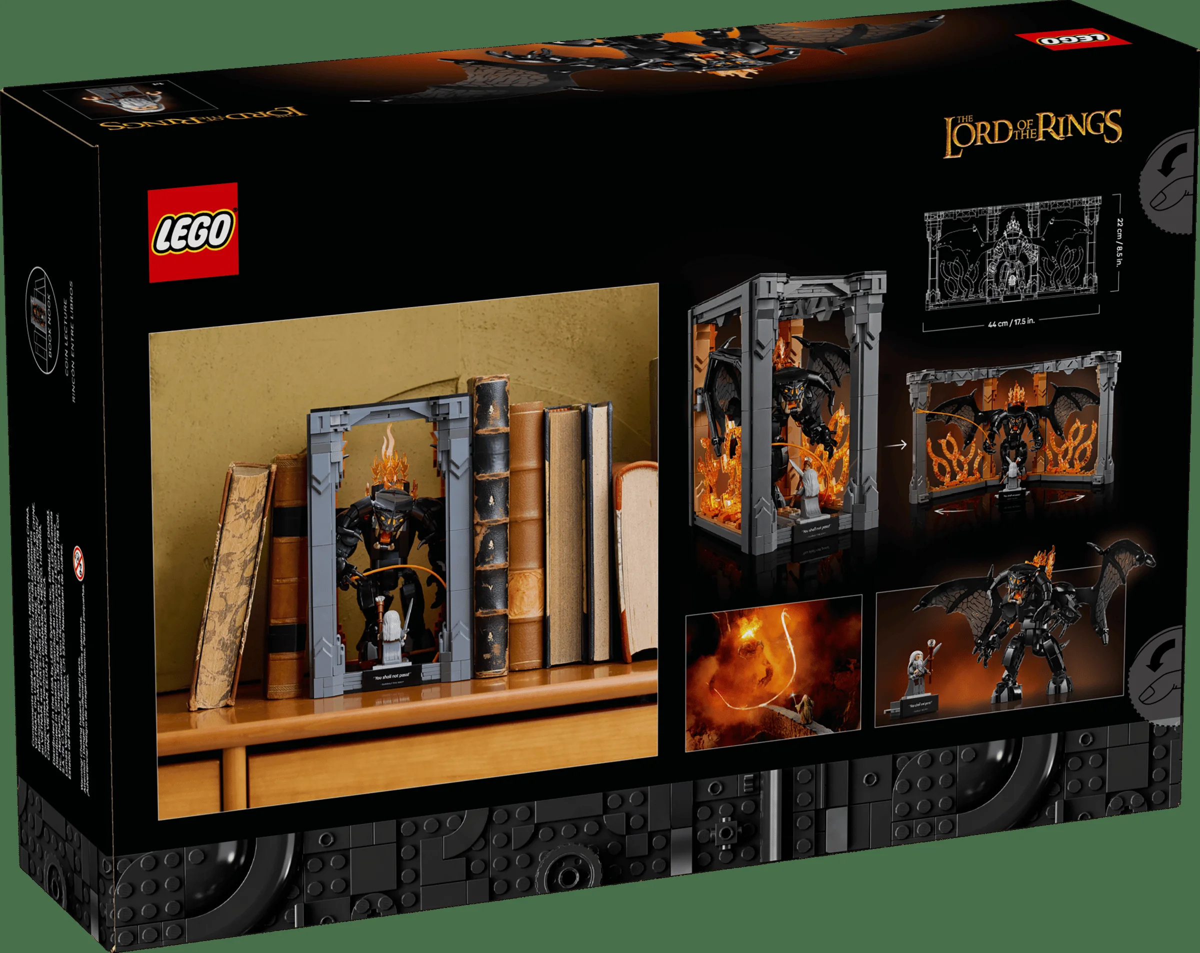 Imagine cu spatele cutiei setului LEGO Lord of the Rings Balrog Book Nook. Detalii și dimensiuni.