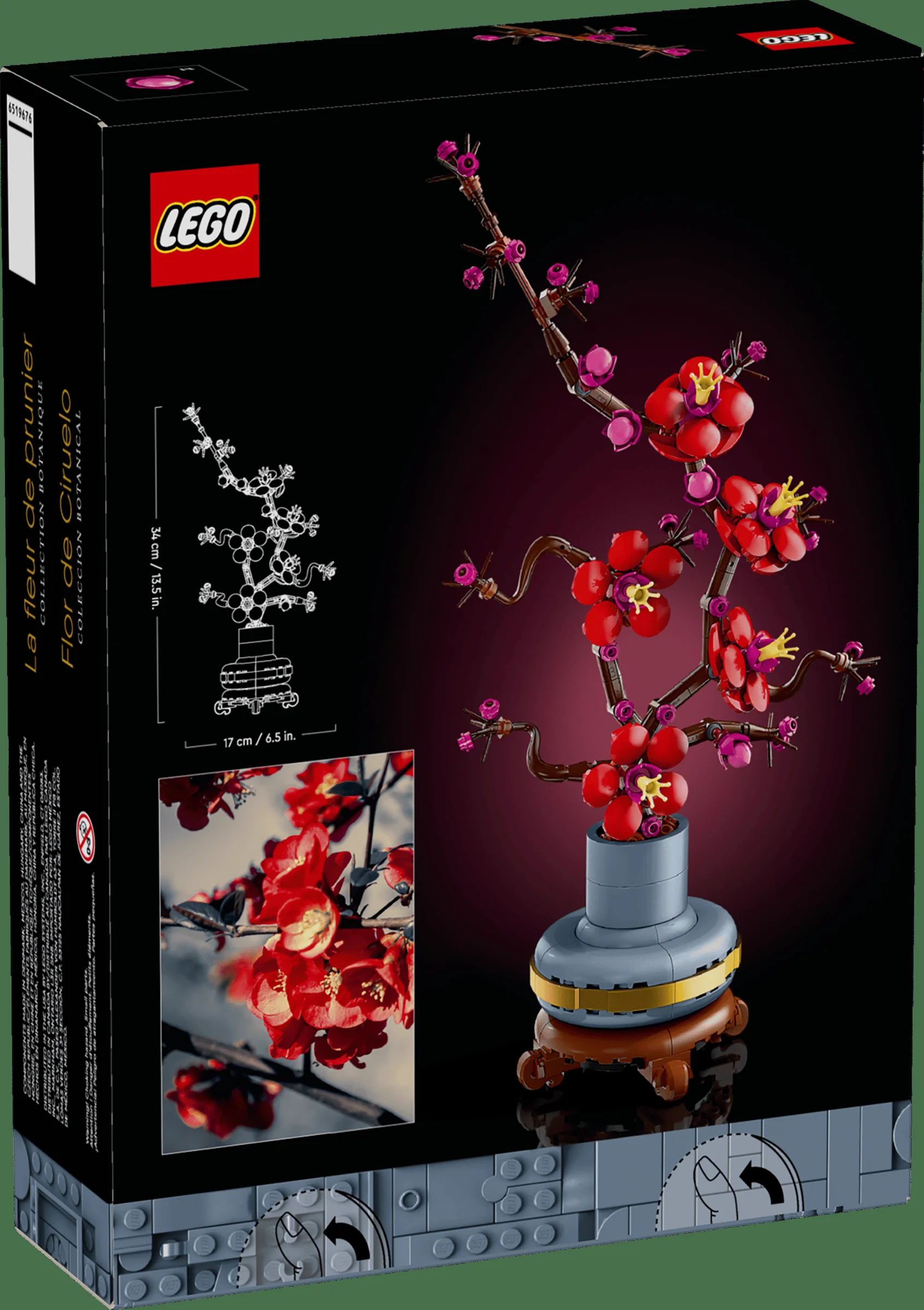 Cutia LEGO 10369, „Plum Blossom”, cu modelul și dimensiunile. Ilustrație detaliată a florilor.