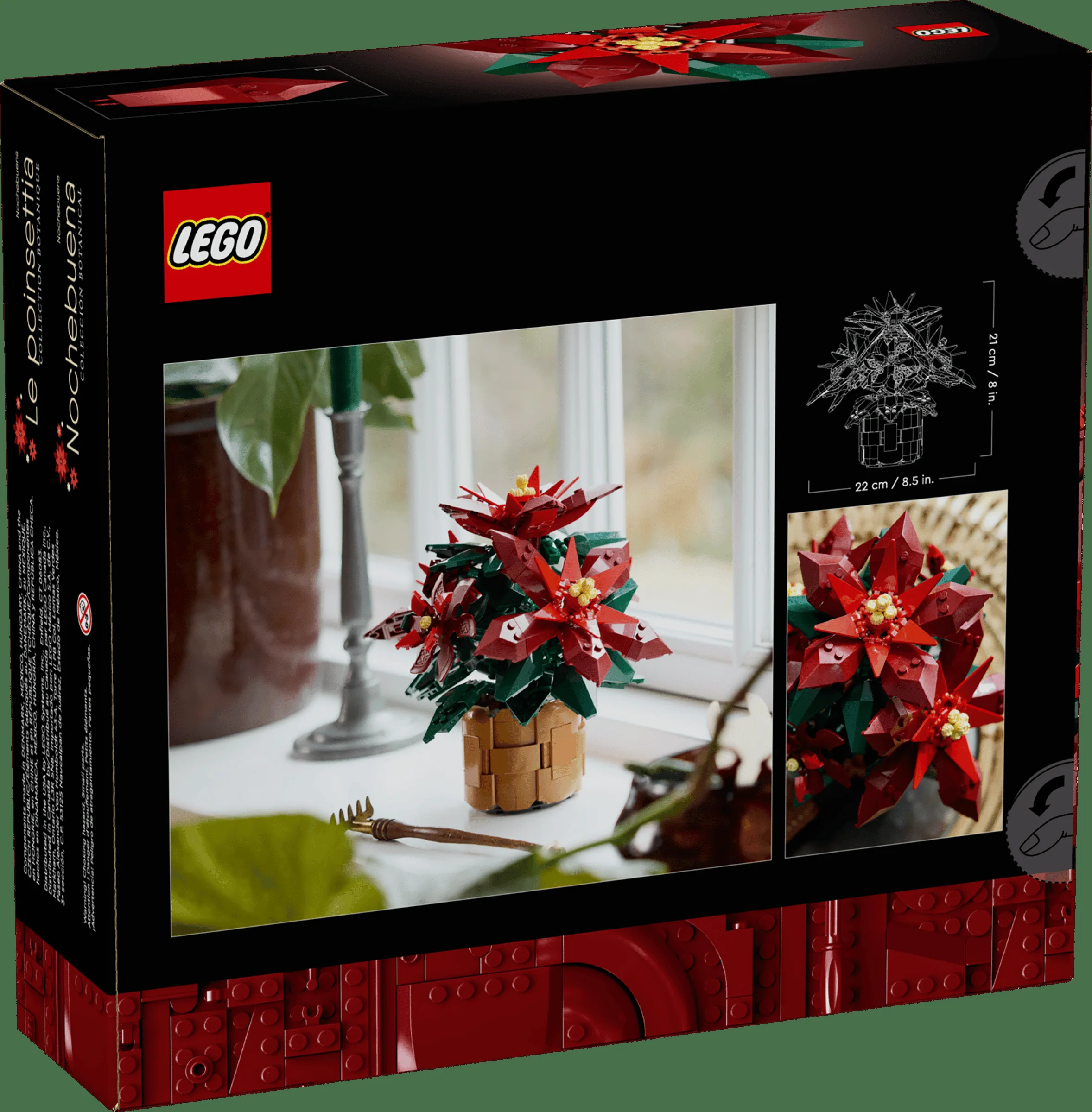 Cutia LEGO Poinsettia (10370) prezintă modelul asamblat, alături de detalii despre dimensiuni. Un cadou perfect de sărbători!