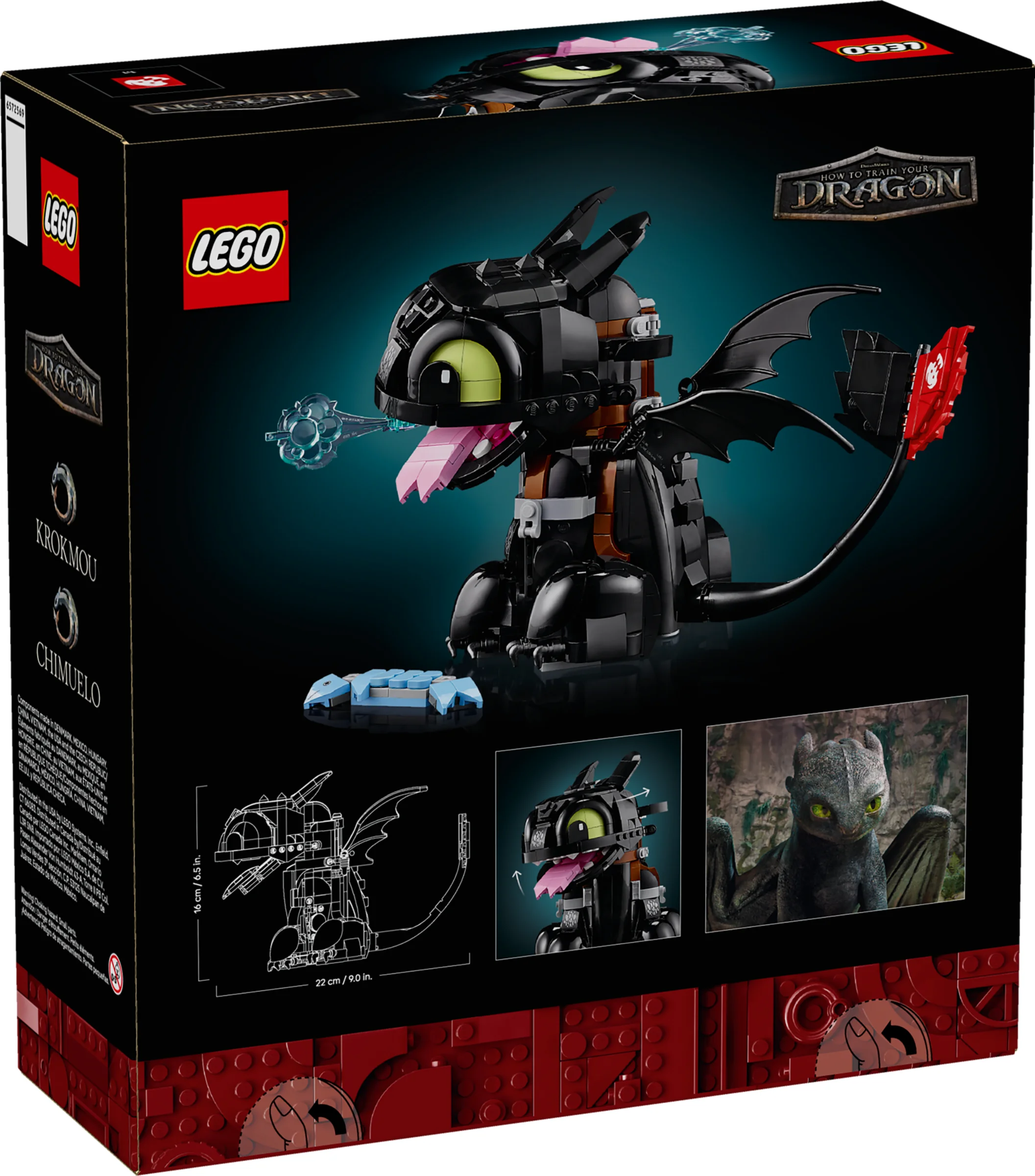 Imaginea arată spatele cutiei setului LEGO Toothless. Vedem modelul și detaliile sale.