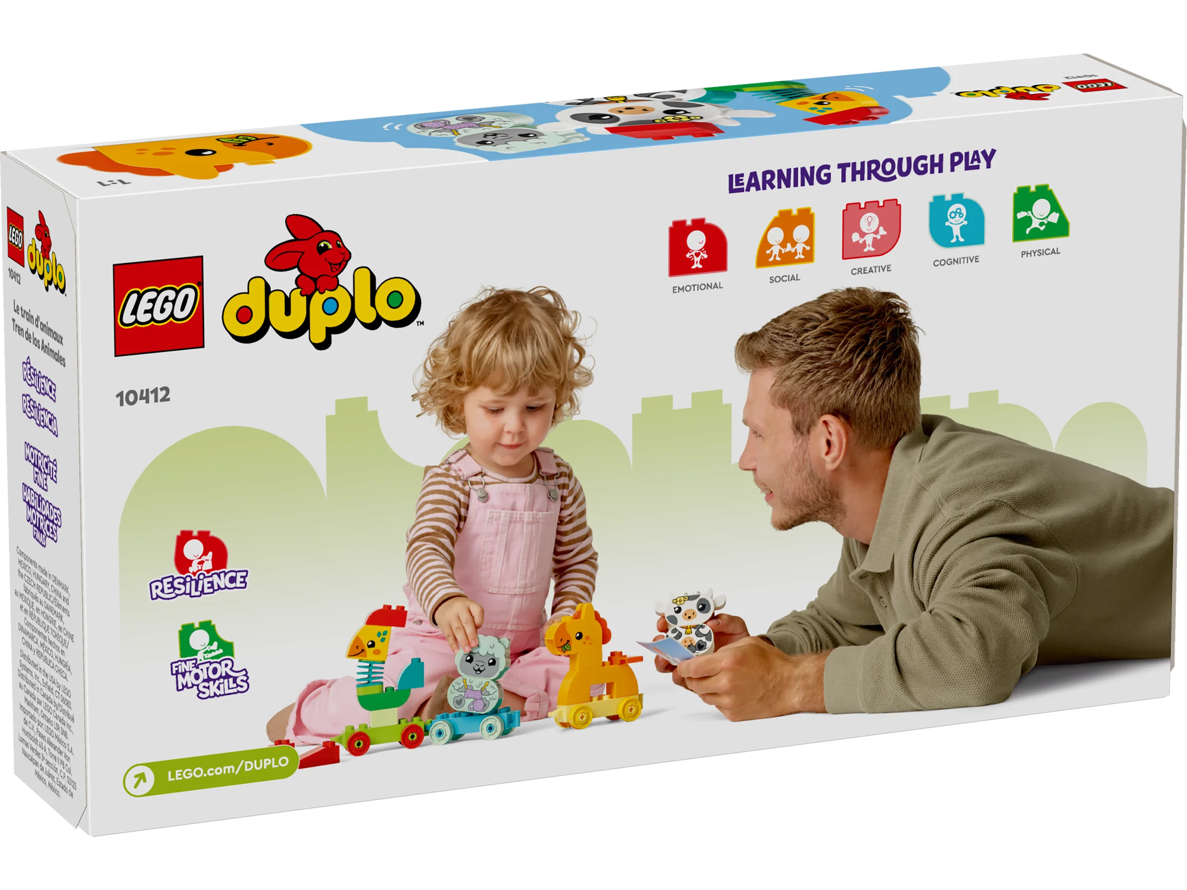 Cutia LEGO Duplo 10412, cu un copil și un adult jucându-se cu trenul cu animale.