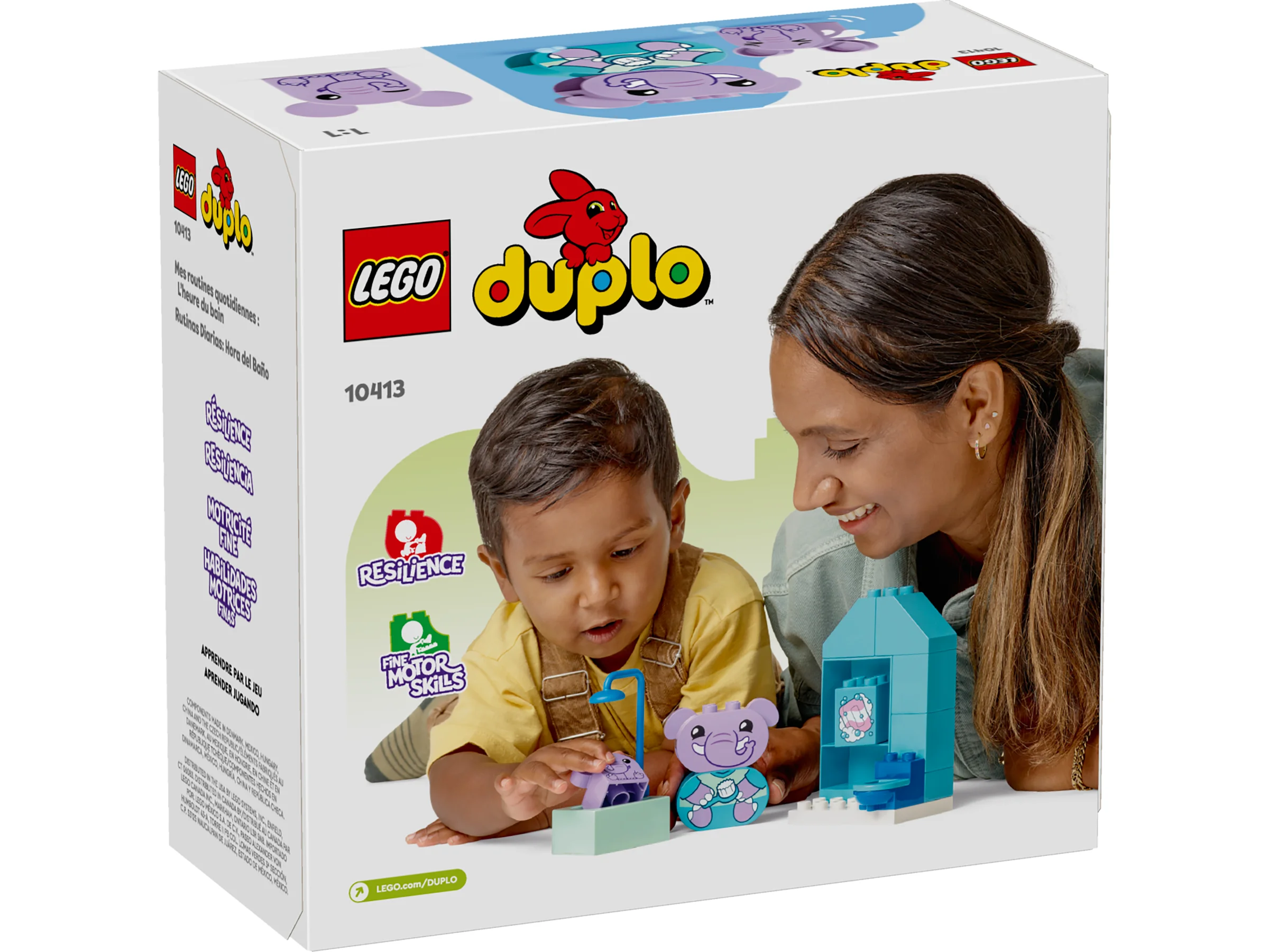 Cutia setului LEGO Duplo 10413, cu imaginea unui copil și a unei femei jucându-se cu setul.