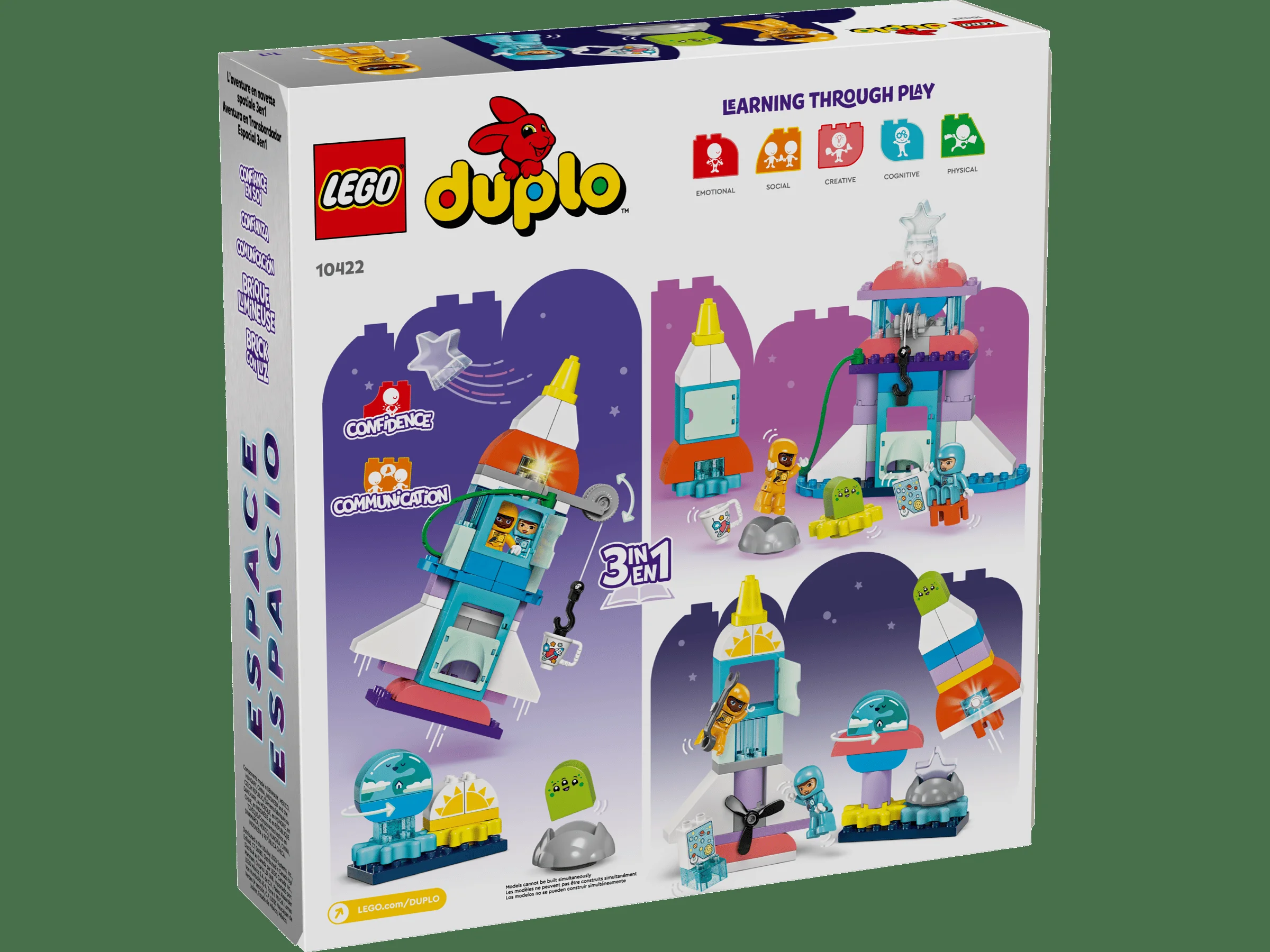 Cutia setului LEGO Duplo 10422, cu ilustrații ale modelelor 3 în 1: rachetă, turn spațial și bază lunară. Încurajează jocul creativ.