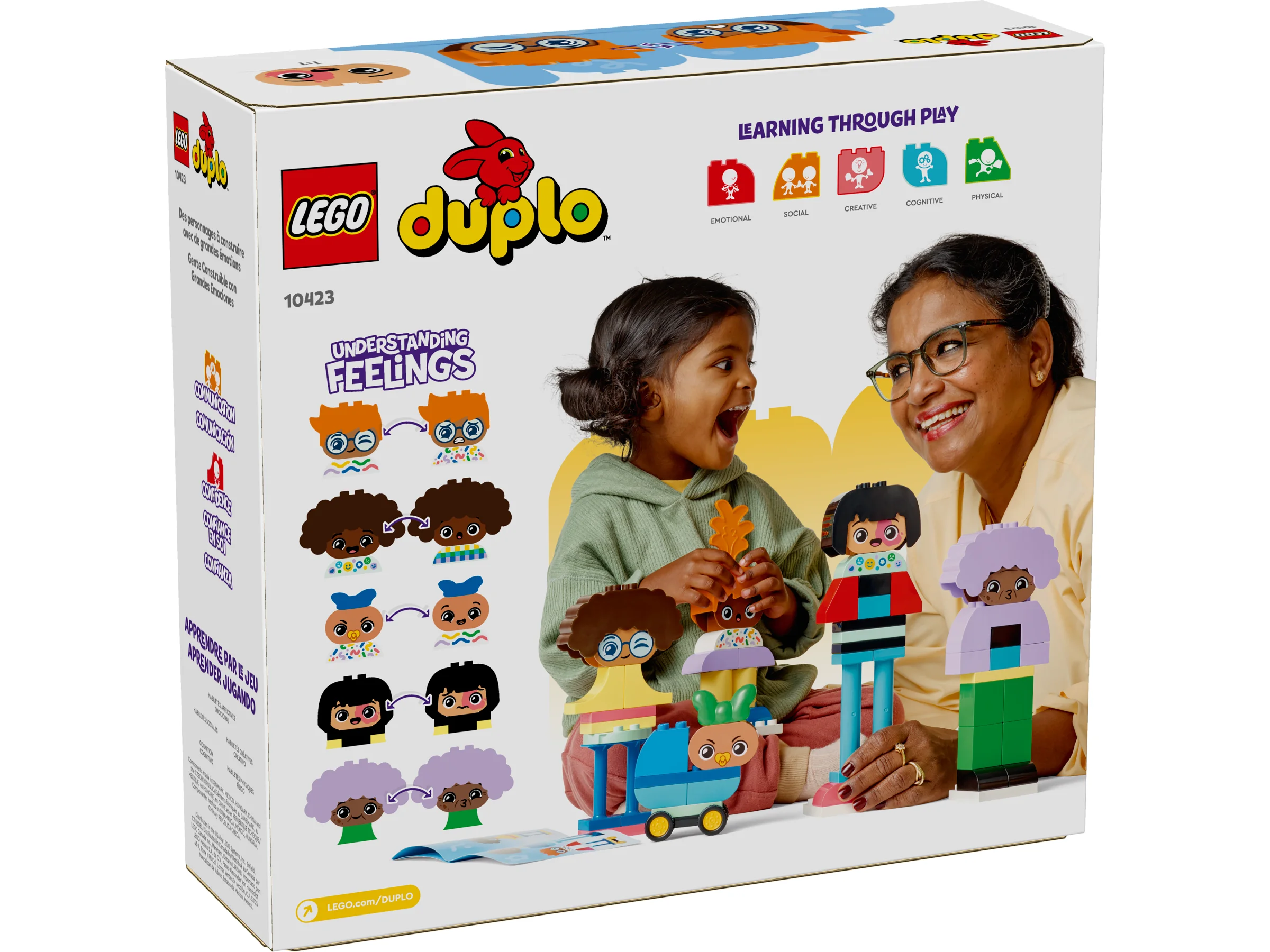 Cutia LEGO Duplo 10423 prezintă adulți și copii interacționând cu personajele construibile.