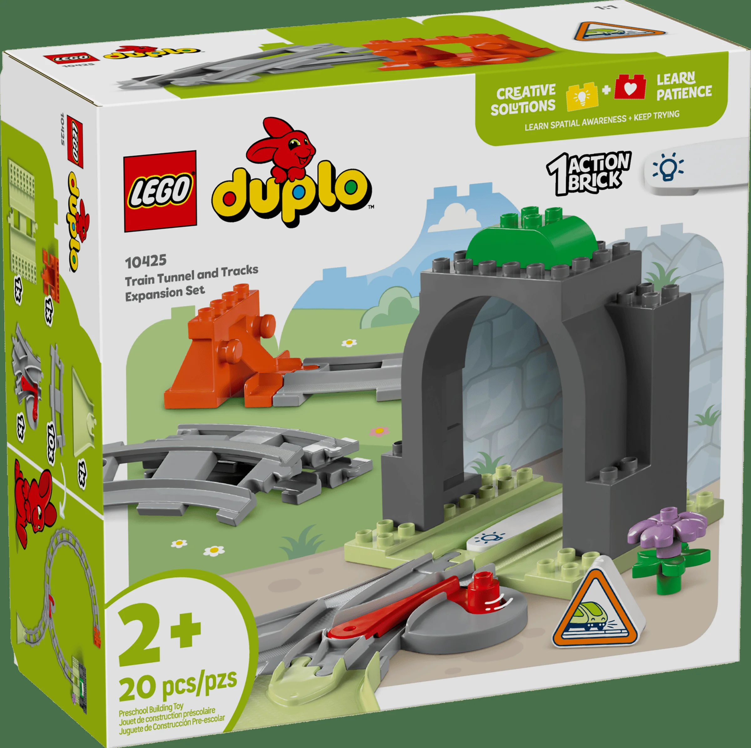 Imagine a cutiei LEGO Duplo 10425, cu tunelul și șinele de tren. Ideal pentru copii mici, stimulează creativitatea.