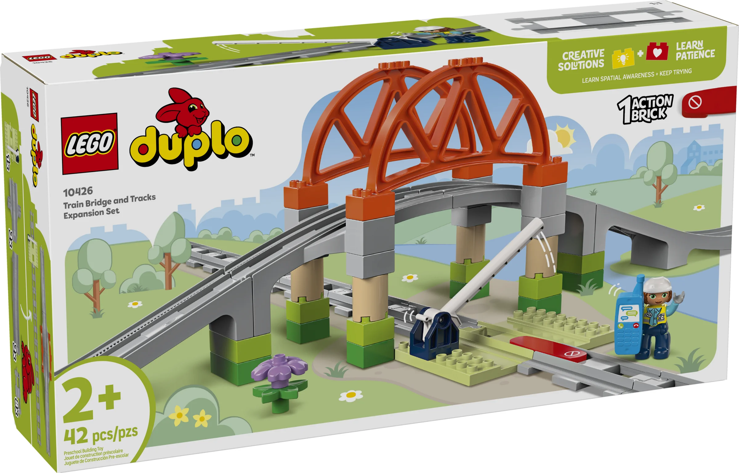 Imagine a cutiei LEGO Duplo 10426, cu podul și șinele de tren, ilustrând setul complet asamblat.
