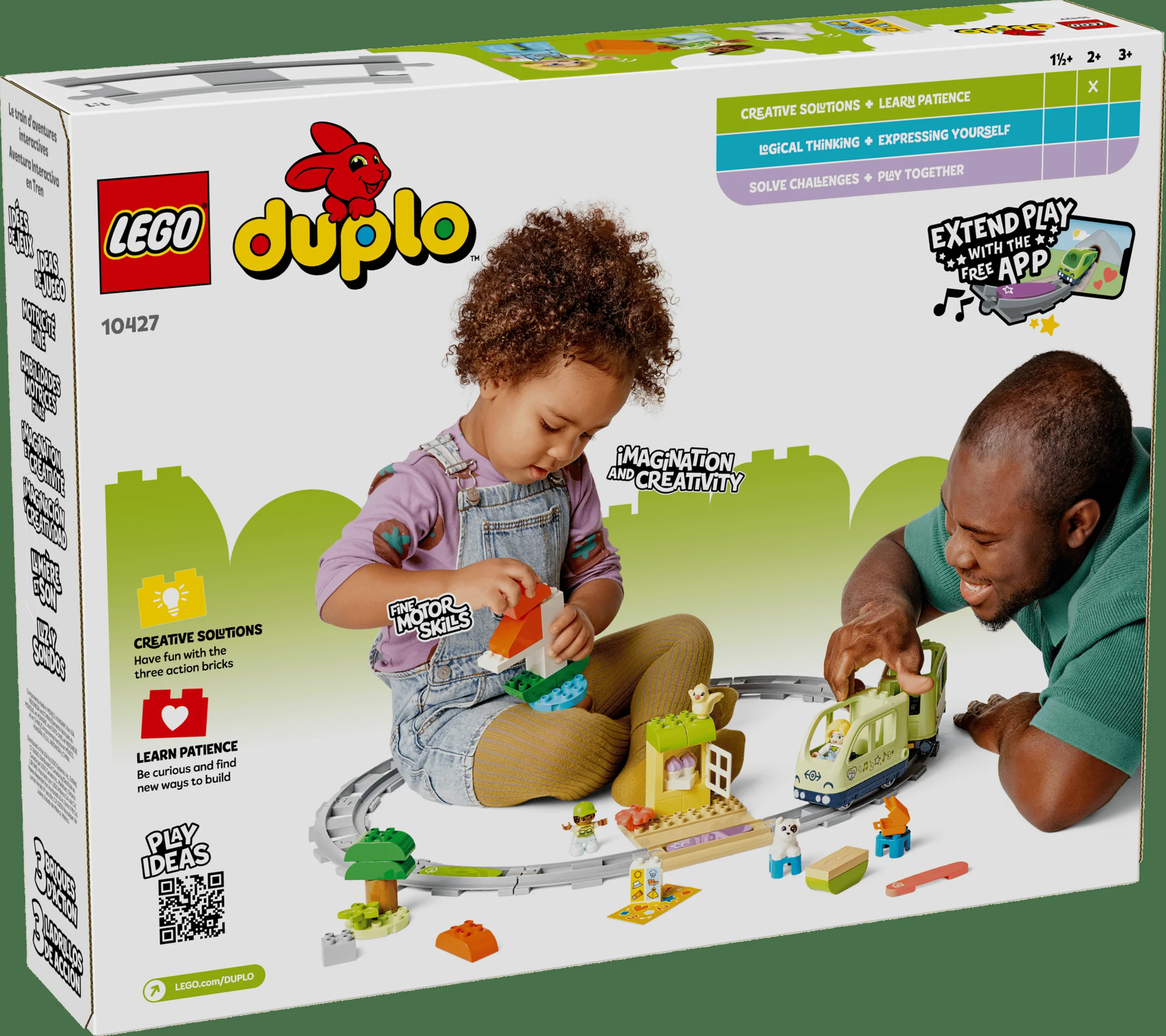 Cutia setului LEGO Duplo 10427, cu o fetiță și un adult interacționând cu trenul și piesele.