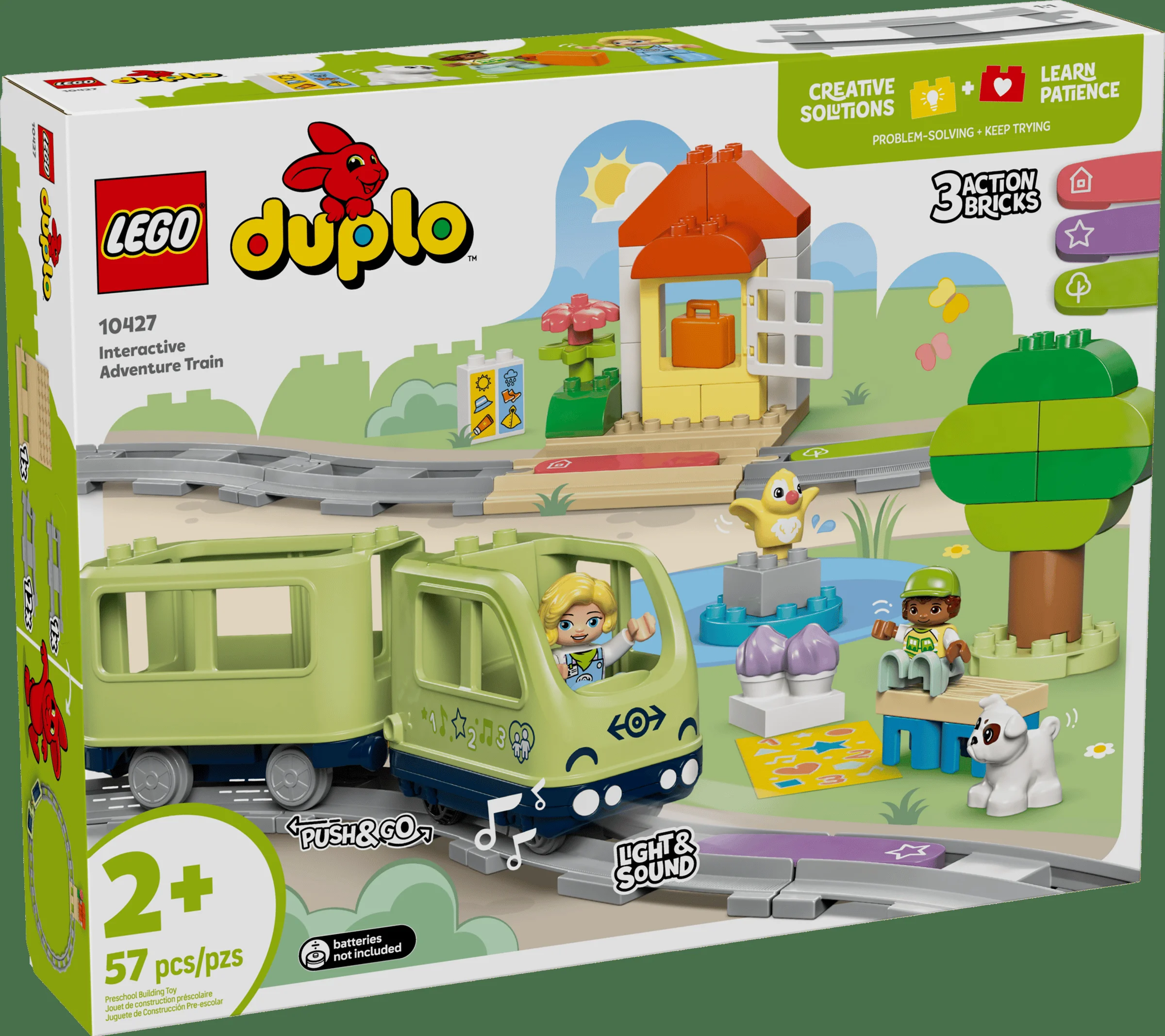 Imagine cu cutia setului LEGO Duplo 10427, Tren Interactiv de Aventură. Se văd trenul, minifigurinele și decorul.
