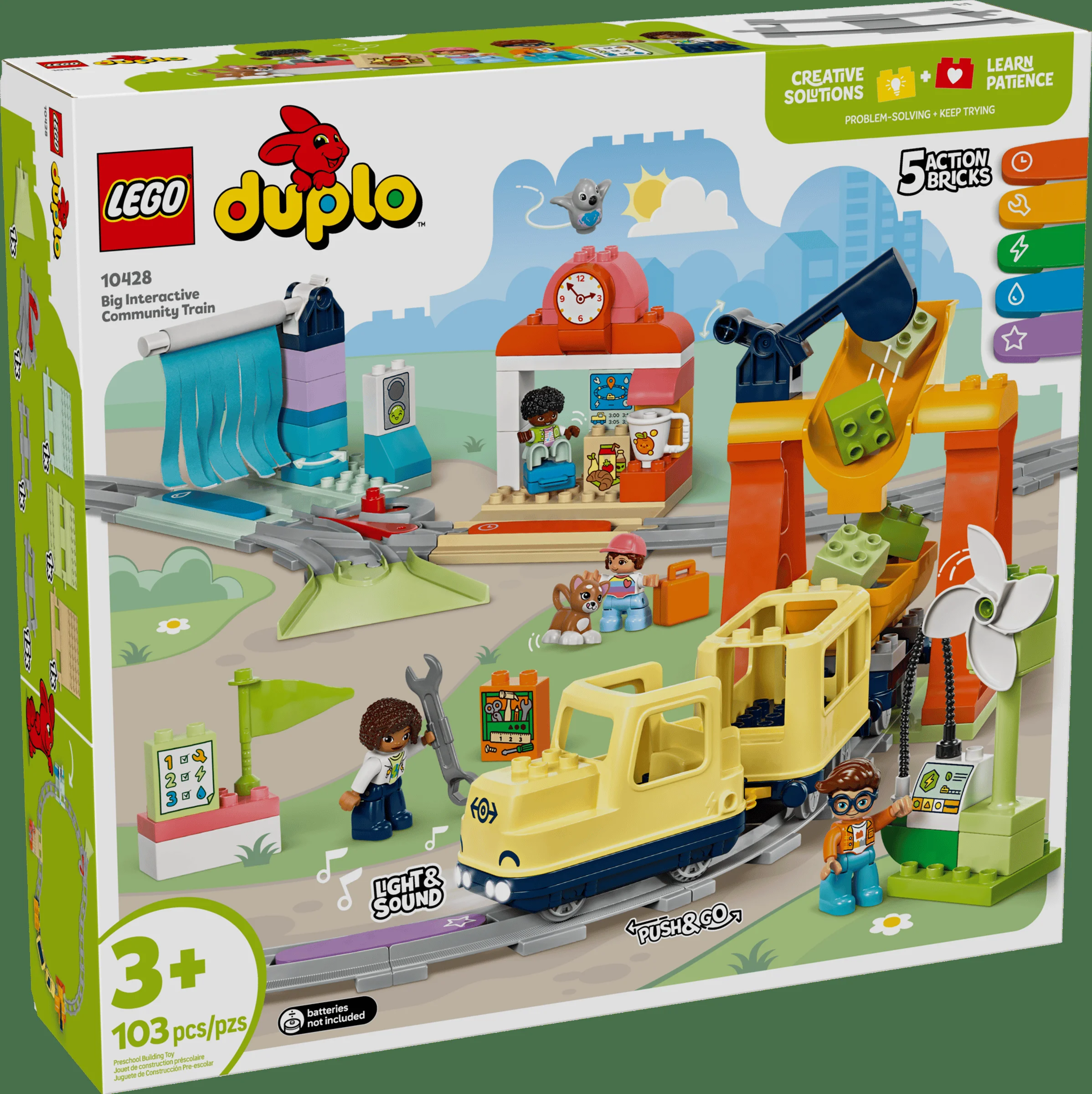 Imaginea prezintă cutia setului LEGO Duplo 10428, cu trenul interactiv și elemente de comunitate.