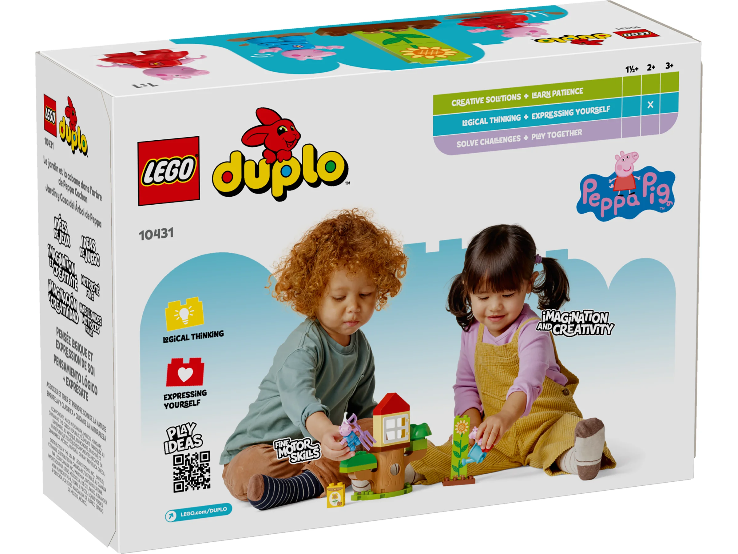 Cutia LEGO Duplo 10431 cu copii jucându-se. Promovează creativitatea și abilitățile motorii fine.