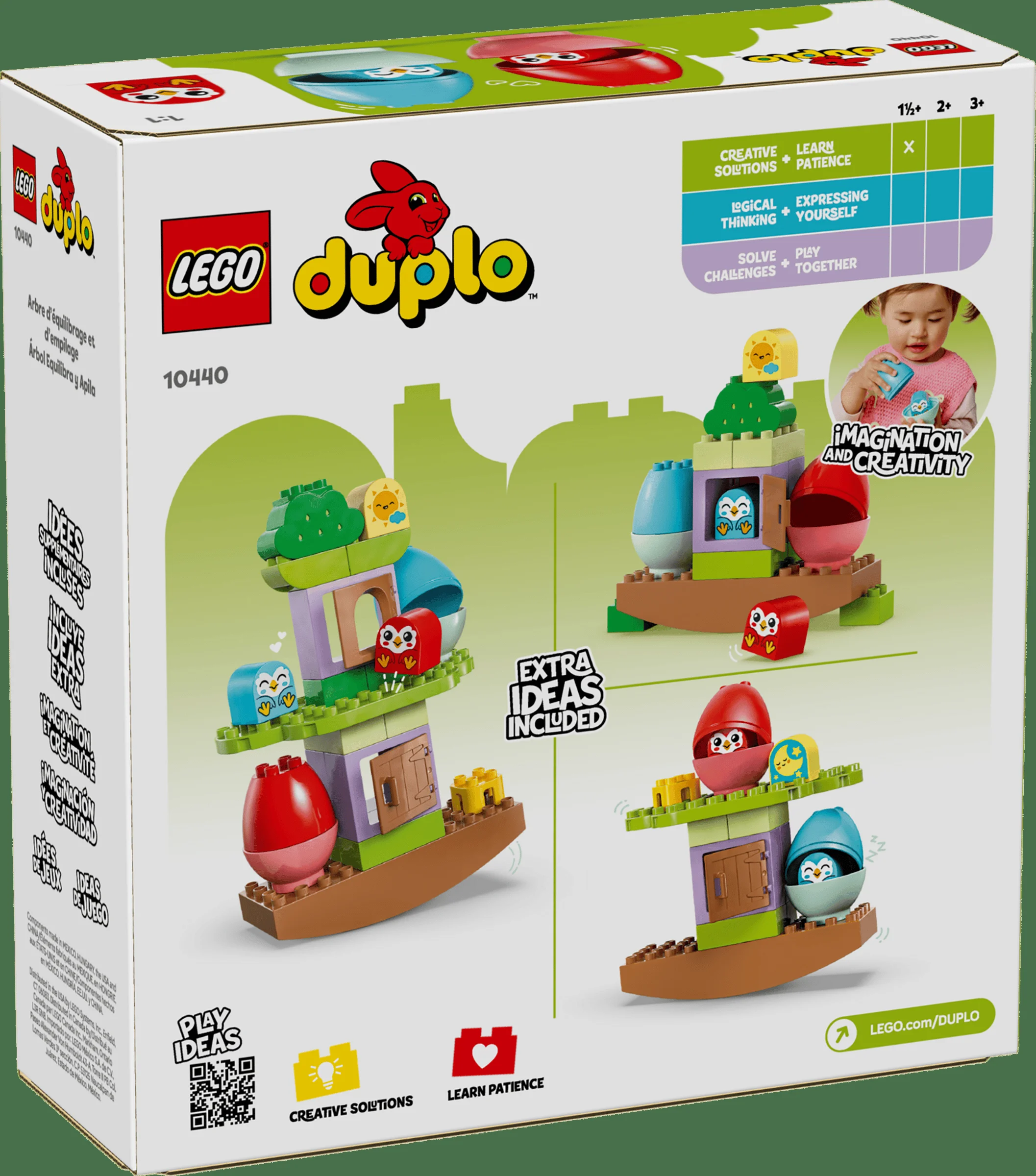 Cutia LEGO Duplo 10440 prezintă copacul de echilibrare și stivuire, cu idei suplimentare de construcție.