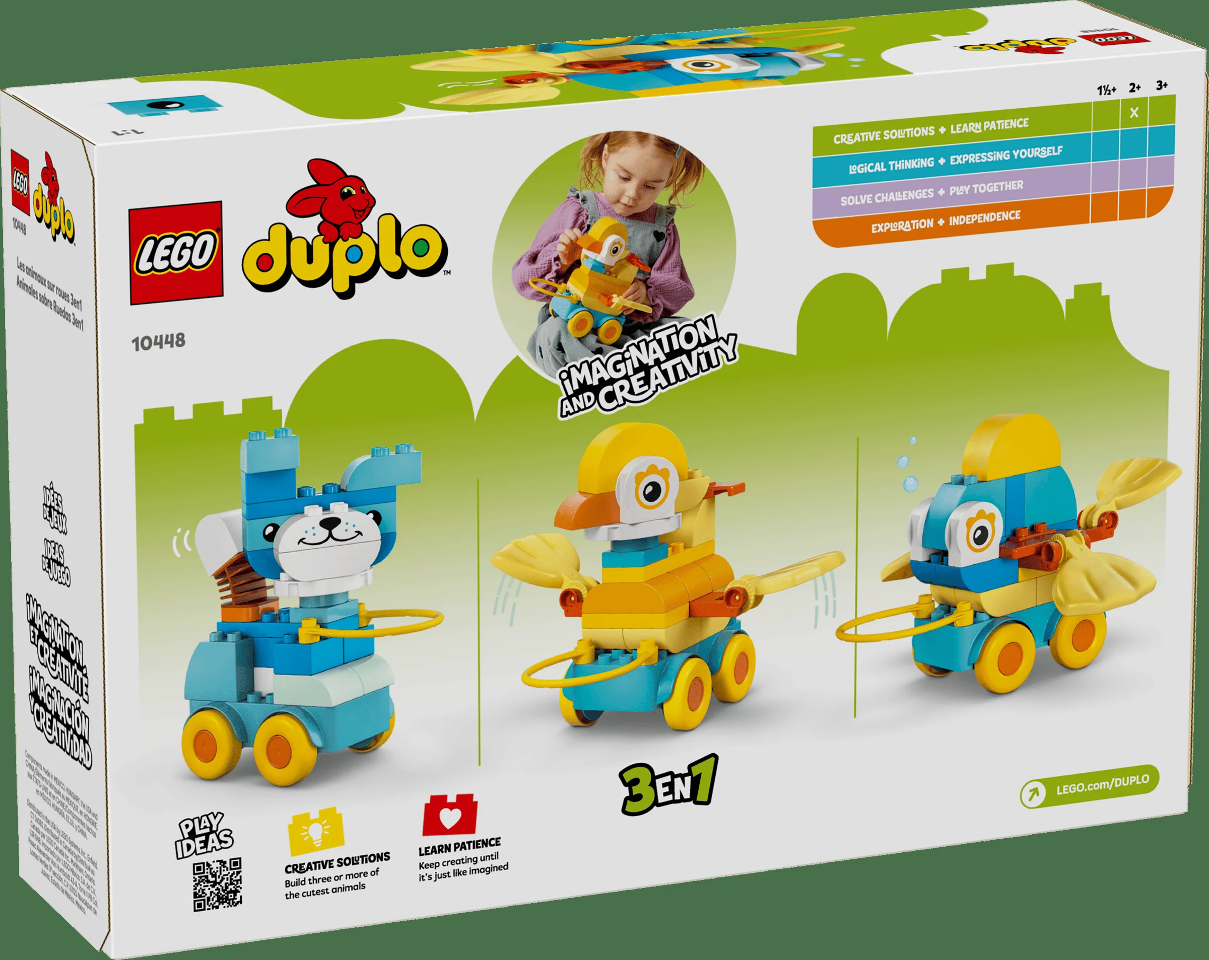 Cutie LEGO Duplo 10448, cu trei animale pe roți. Stimulează imaginația și creativitatea copiilor.