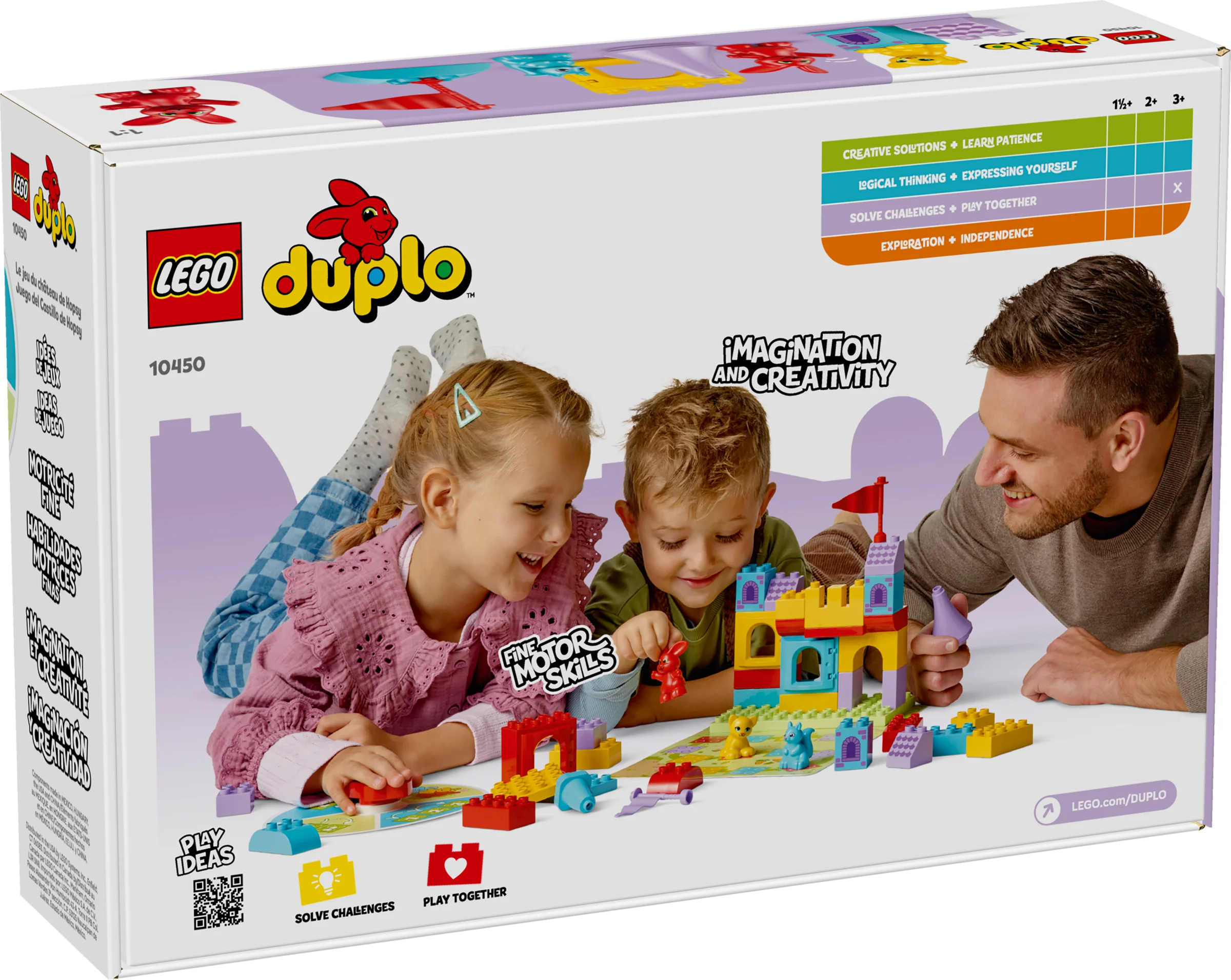 Cutie LEGO Duplo 10450 Hopsy's Castle Game, prezentând copii și un adult jucându-se cu setul.