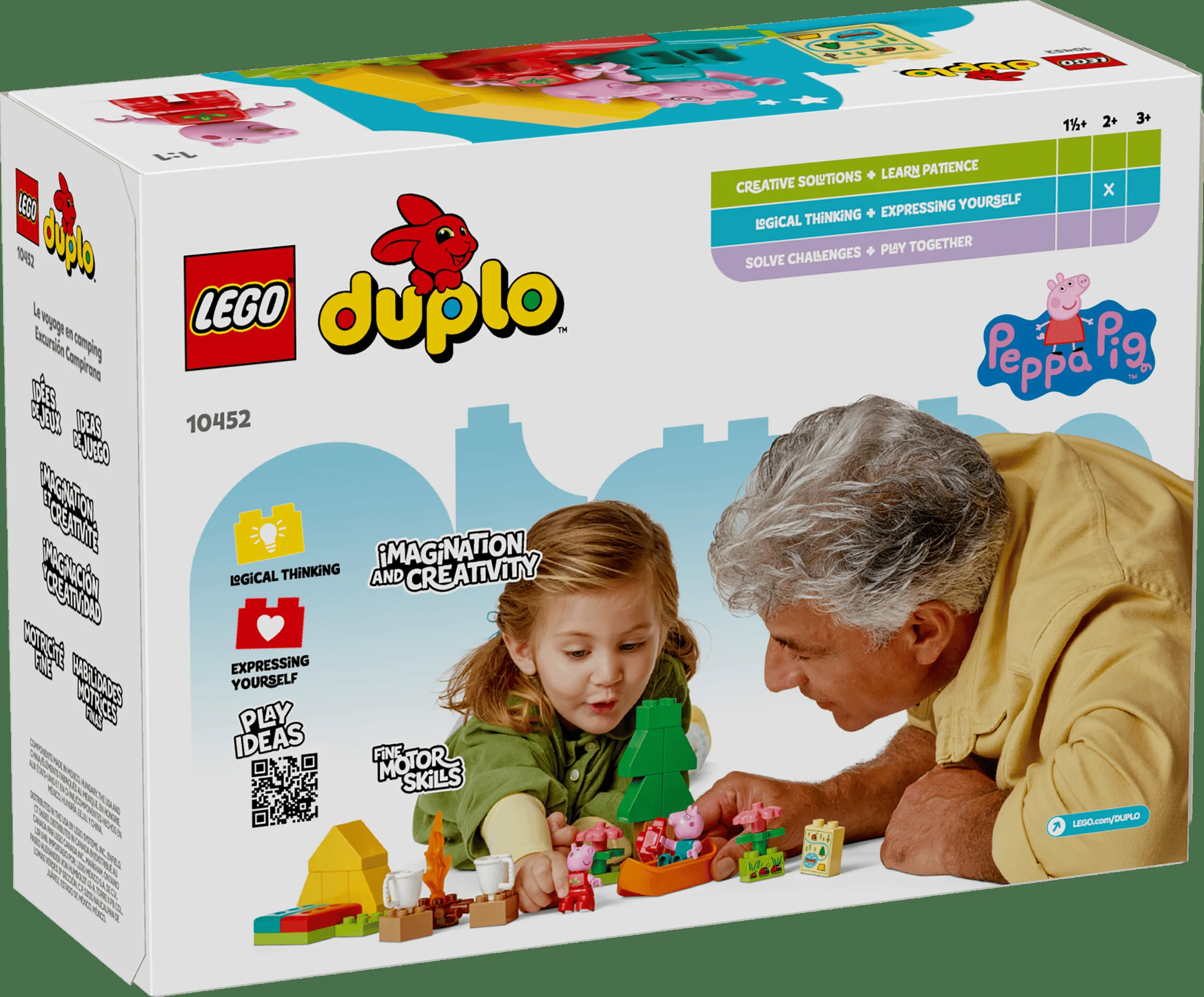 Cutie LEGO Duplo 10452 cu un adult și un copil jucându-se cu setul de camping Peppa Pig.