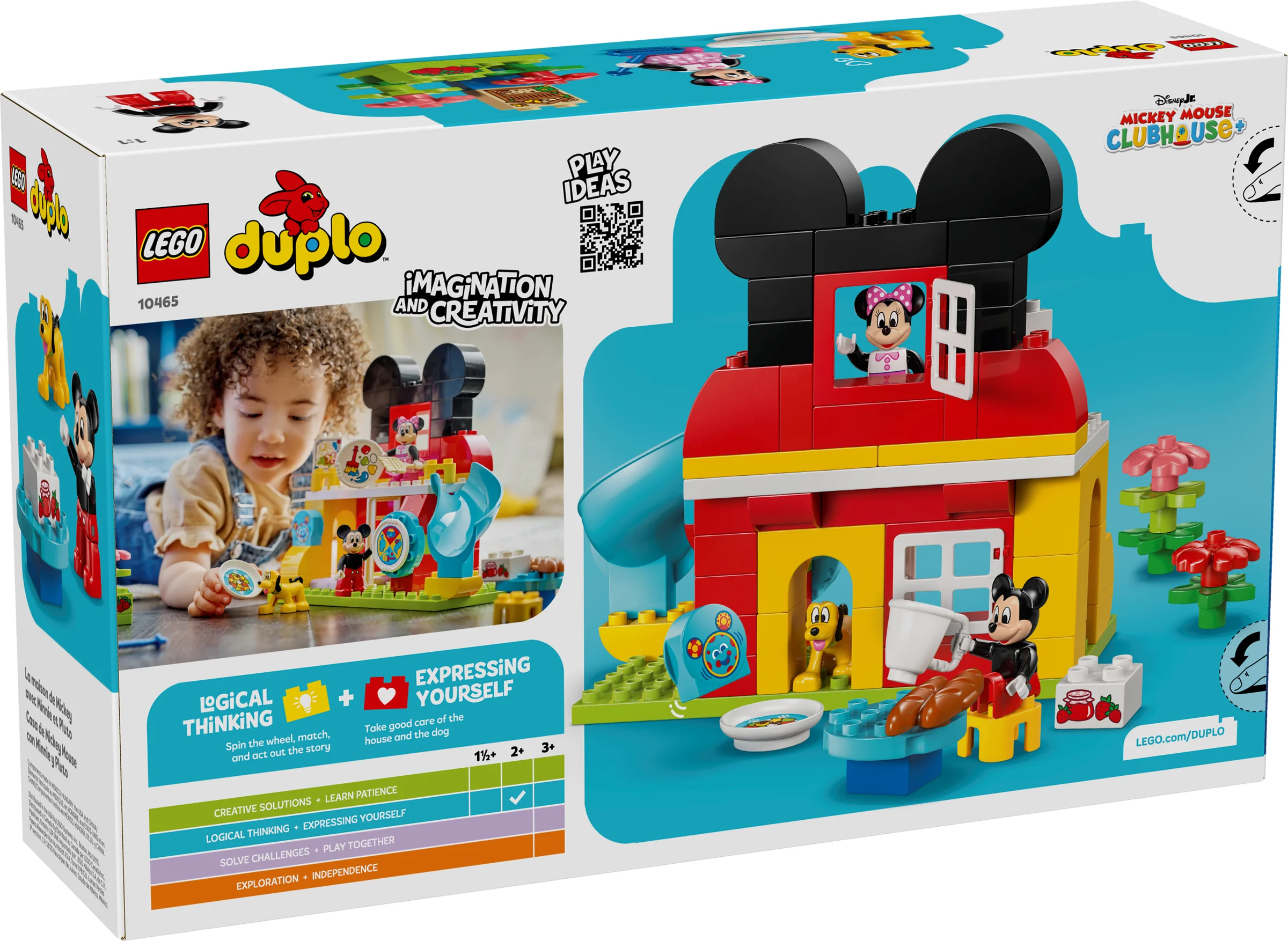 Cutie LEGO Duplo 10465 cu imaginea căsuței lui Mickey Mouse, Minnie și Pluto.