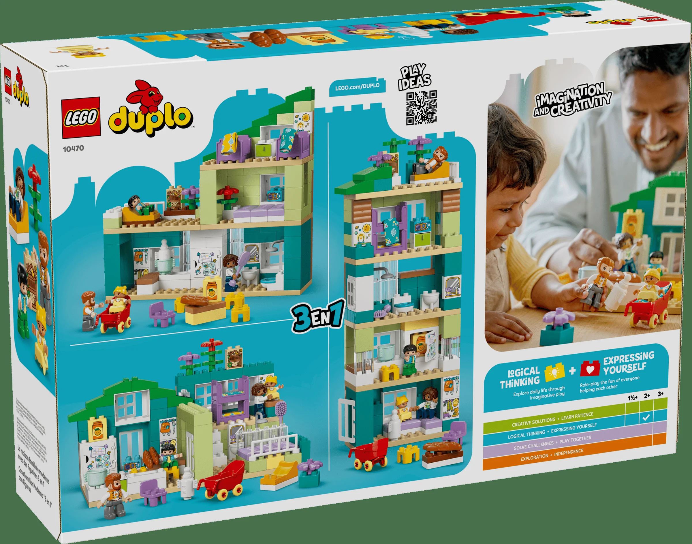 Cutia LEGO Duplo 10470, cu imagini ale modelului și ale copiilor jucându-se. Distracție creativă pentru familie.