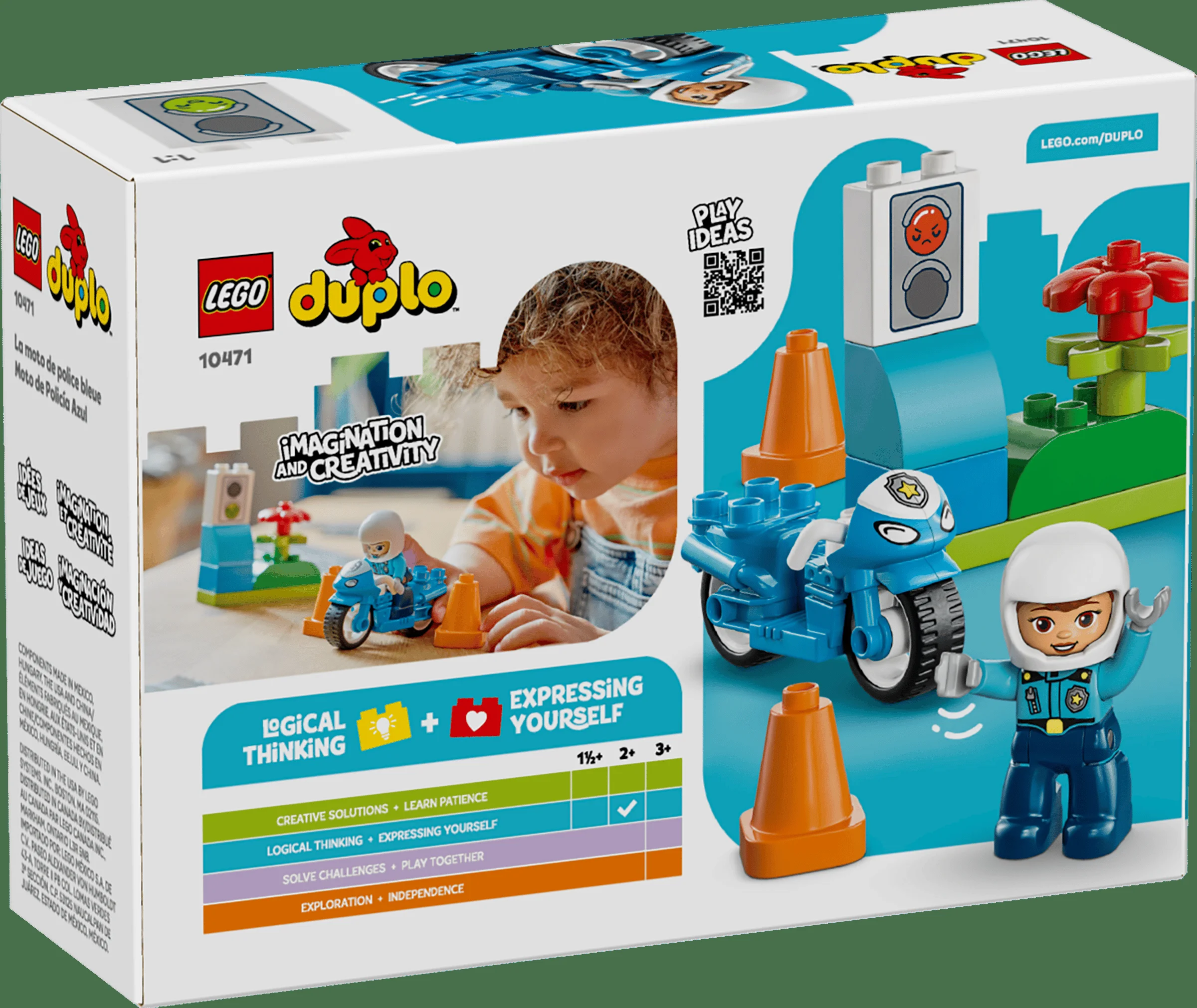 Cutia setului LEGO Duplo 10471, cu ilustrații și informații despre produs. Motocicleta albastră de poliție e în prim-plan.