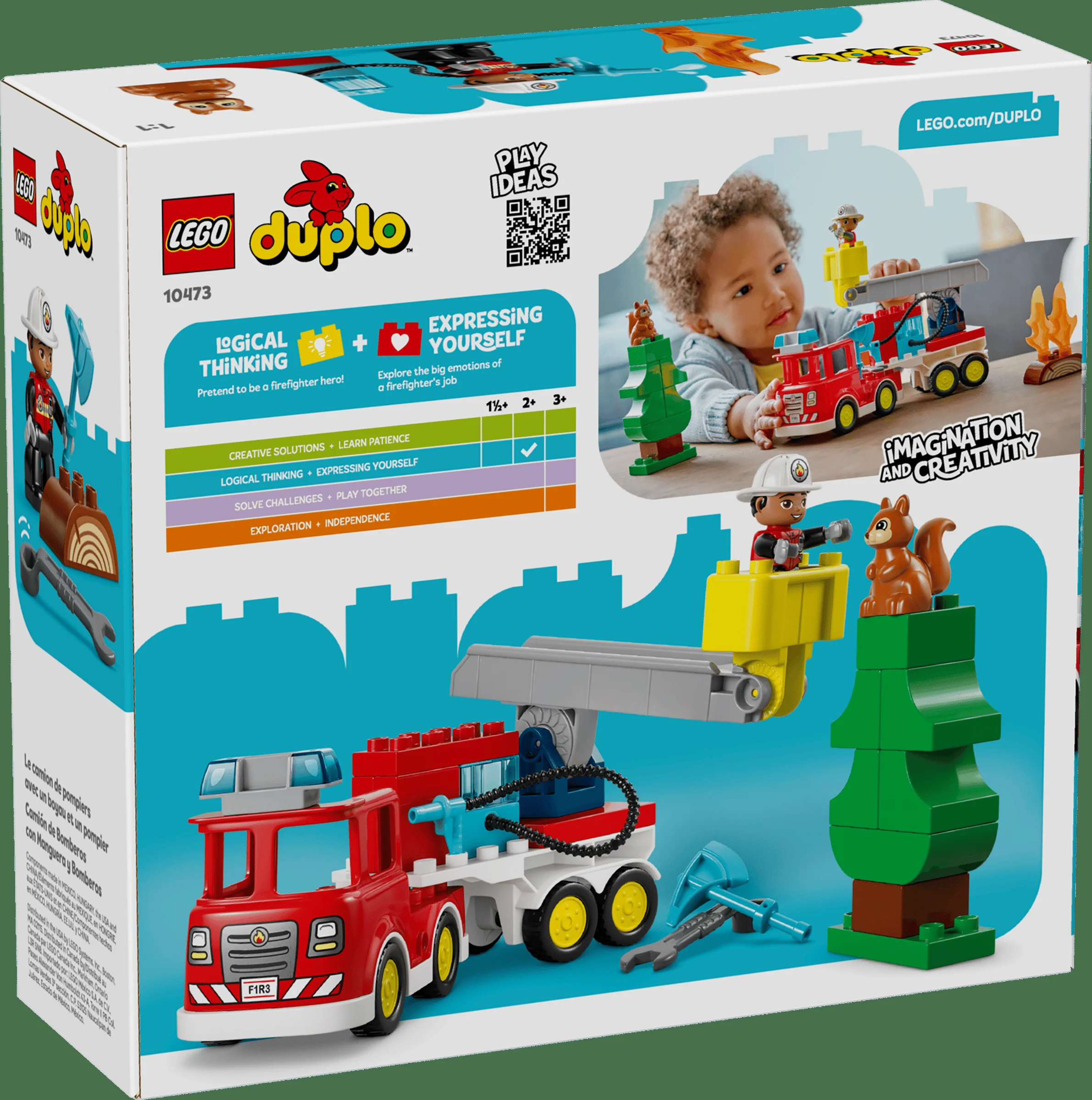 Cutie LEGO Duplo 10473: Camion de pompieri cu furtun și pompier, pentru copii mici.