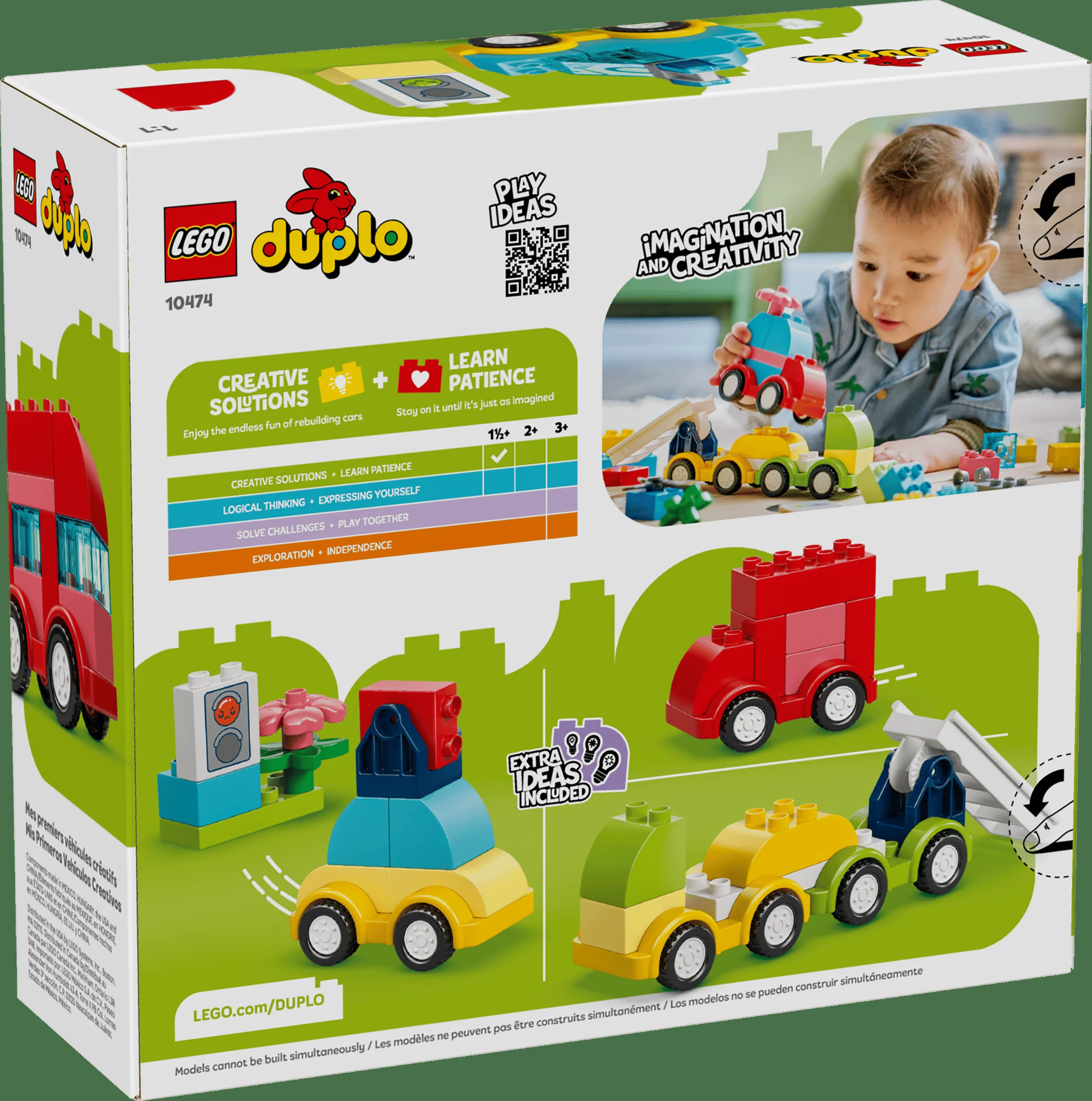 Imagine cu cutia setului LEGO Duplo 10474, „Vehicule Creative”, cu idei de construcție și activități.