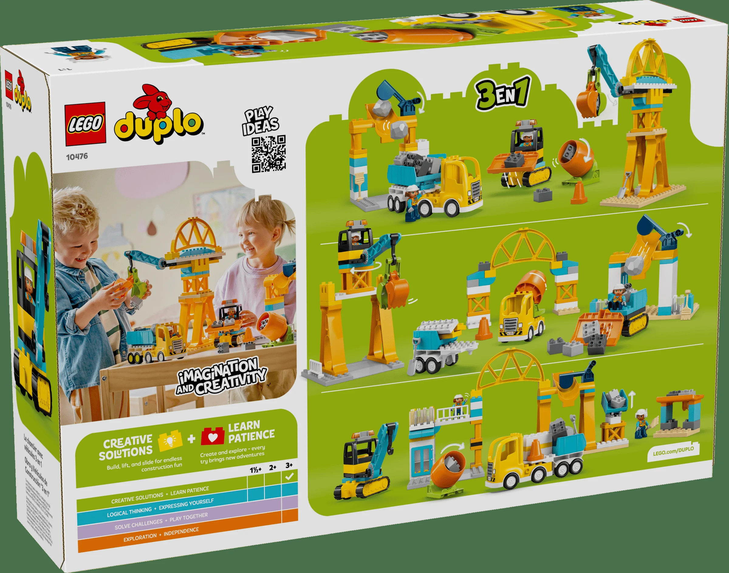 Cutia LEGO Duplo 10476, cu trei modele de șantier și vehicule diferite prezentate. Ideală pentru joacă imaginativă.