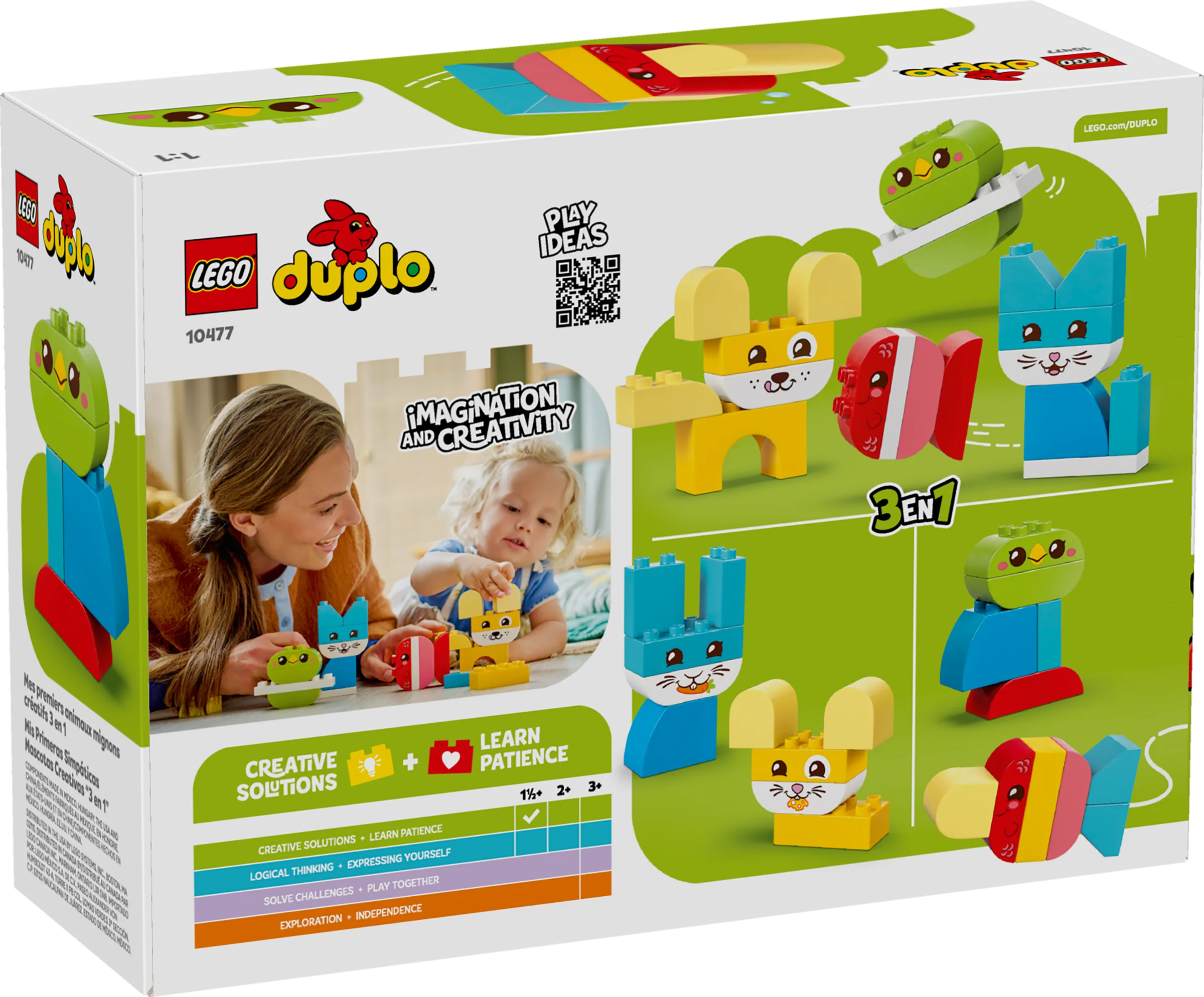 Cutia setului LEGO DUPLO 10477 „Animale Drăguțe Creative”, cu idei de joacă și detalii.