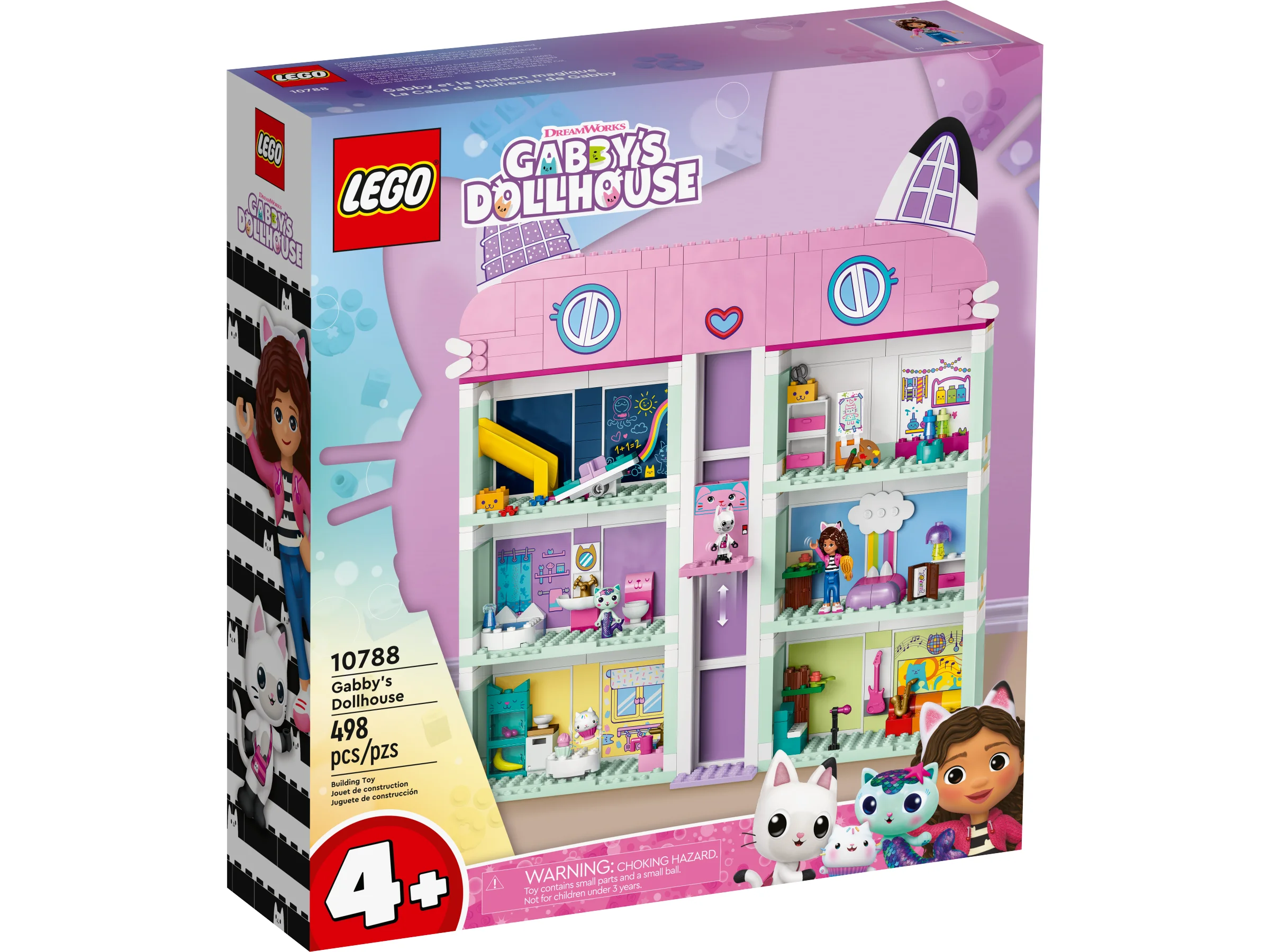 Cutia setului LEGO 10788 Gabby's Dollhouse, ce prezintă casa și personajele.