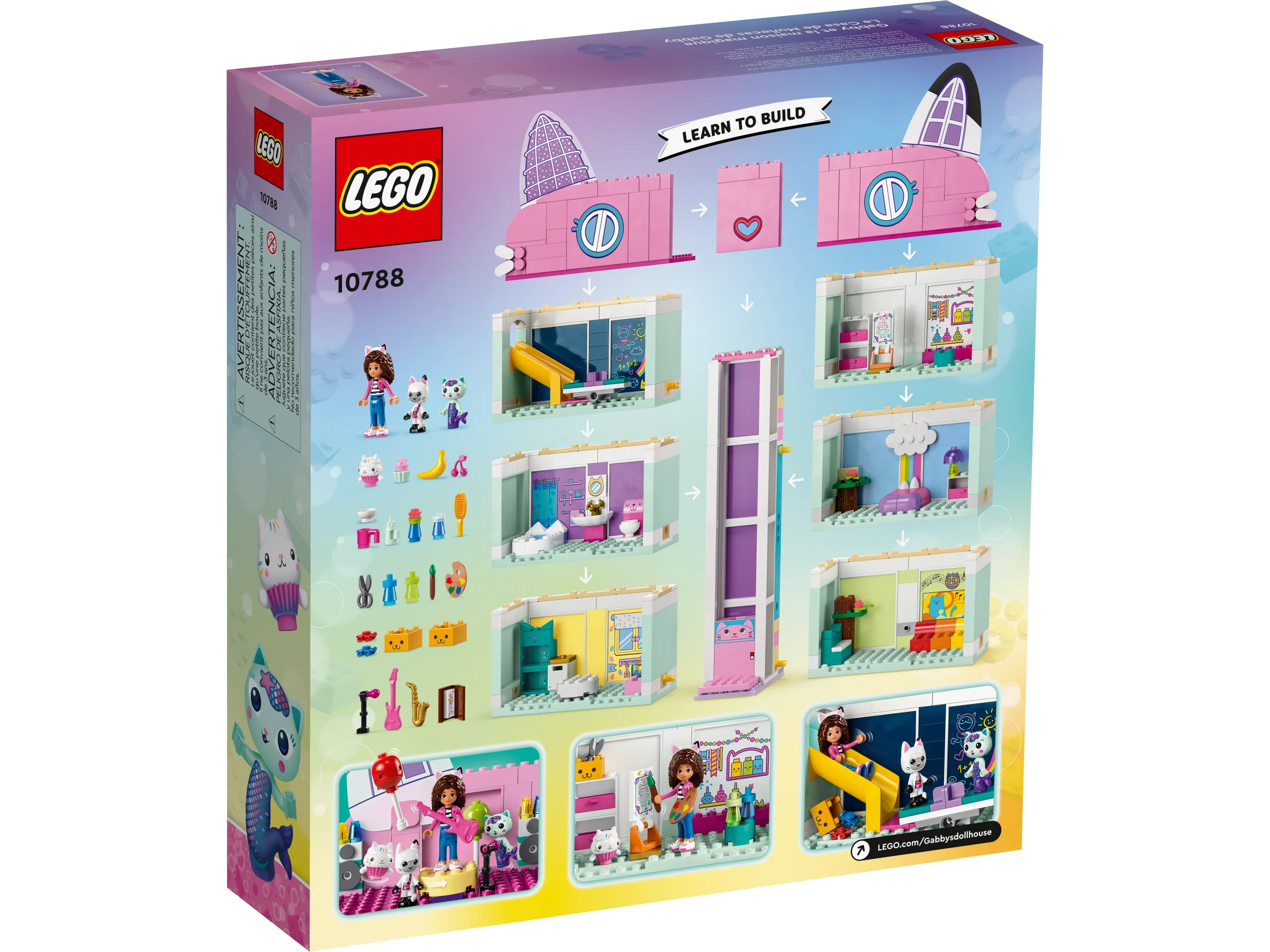 Spatele cutiei LEGO 10788, prezentând etapele de construcție și detaliile casei de păpuși Gabby.