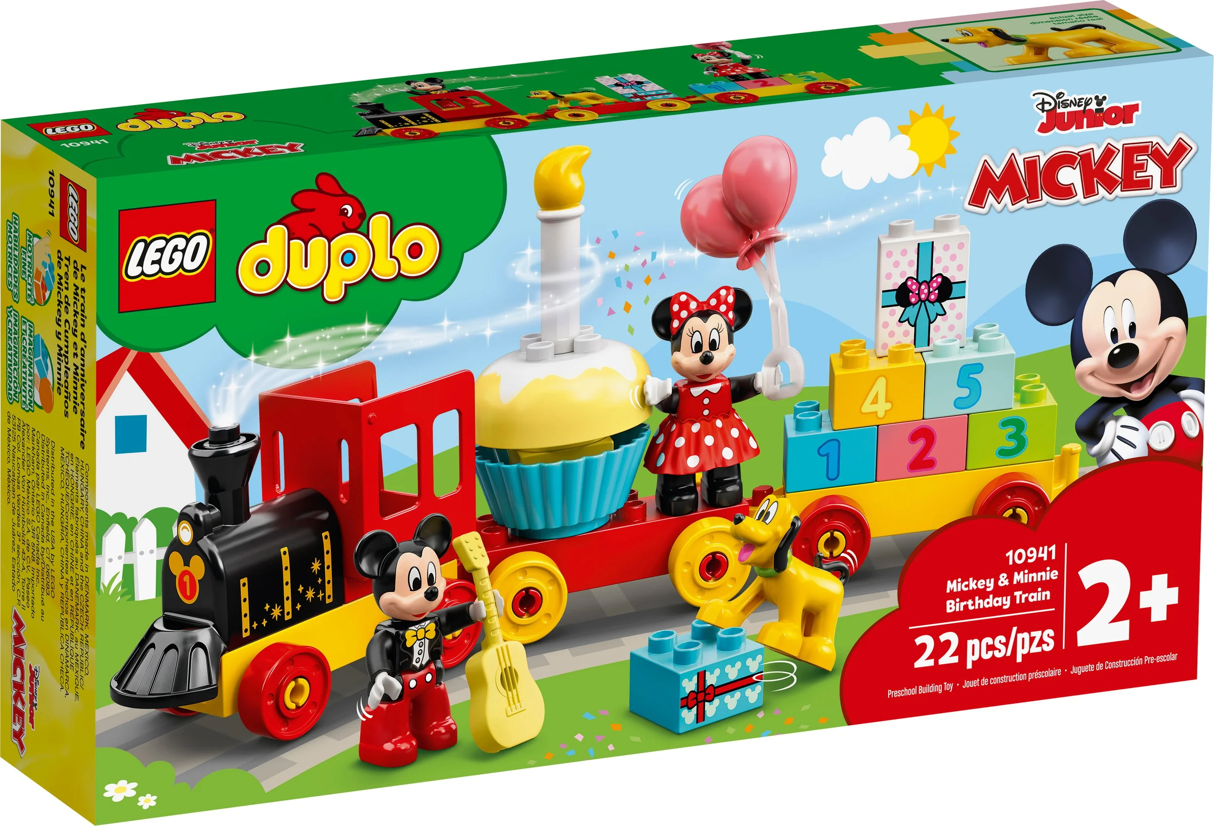 Imagine cu setul LEGO Duplo 10941, Trenulețul aniversar Mickey și Minnie, ambalajul și minifigurinele incluse.