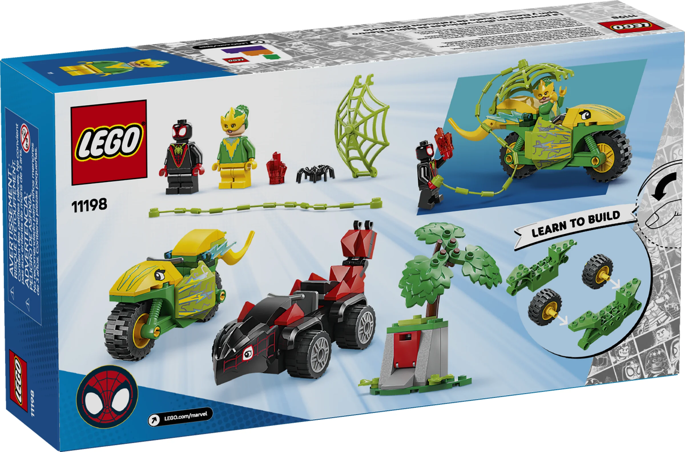 Imagine cu spatele cutiei setului LEGO 11198, prezentând minifigurinele și vehiculele.