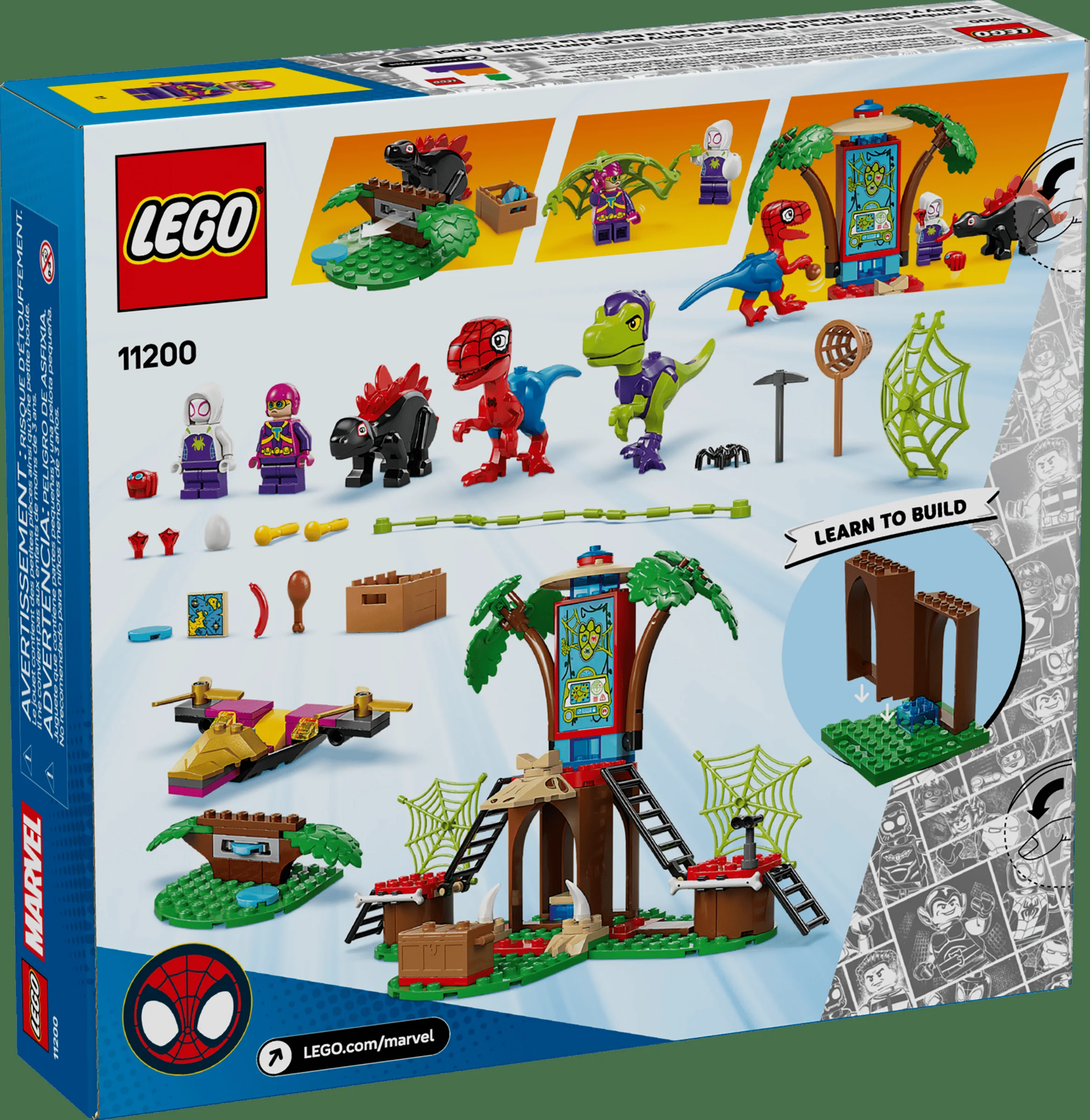 Imagine cu conținutul cutiei LEGO 11200, bătălia raptorilor la sediul din copac Spidey și Gobby.