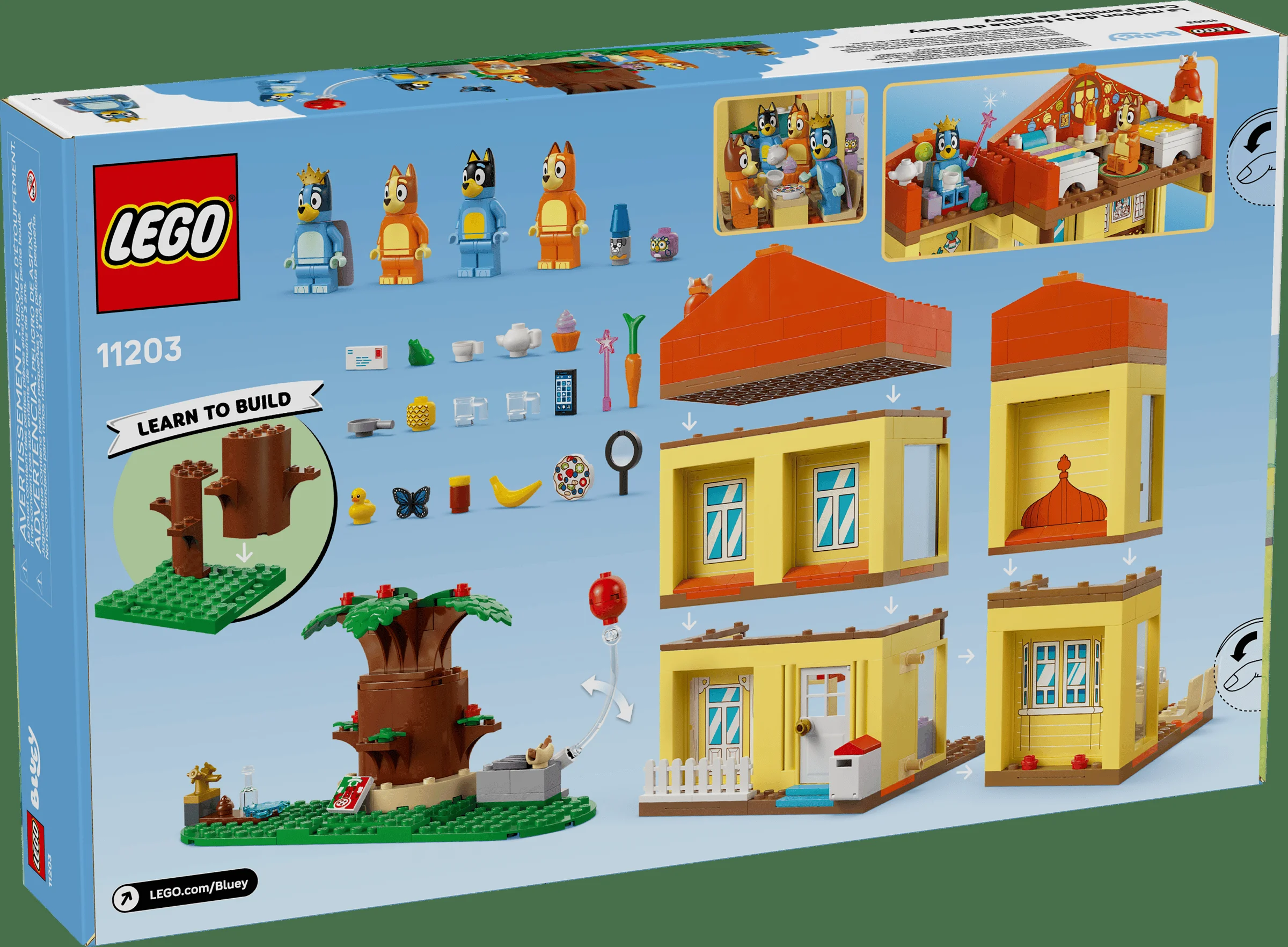 Imagine a cutiei cu Lego Bluey, ce prezintă minifigurinele și etapele de construcție a casei.