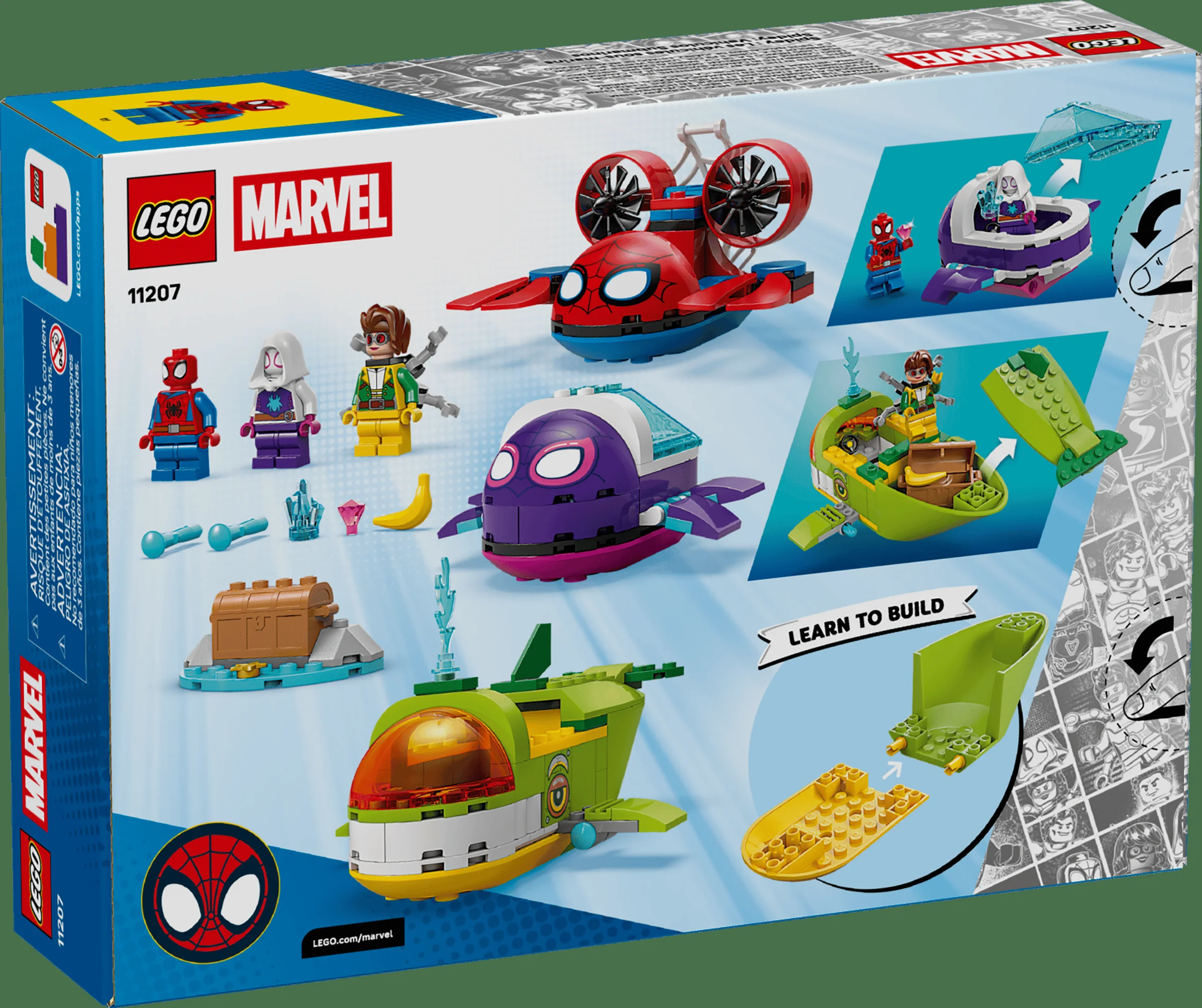 Imaginea prezintă spatele cutiei LEGO 11207, cu minifigurinele și vehiculele subacvatice detaliate.