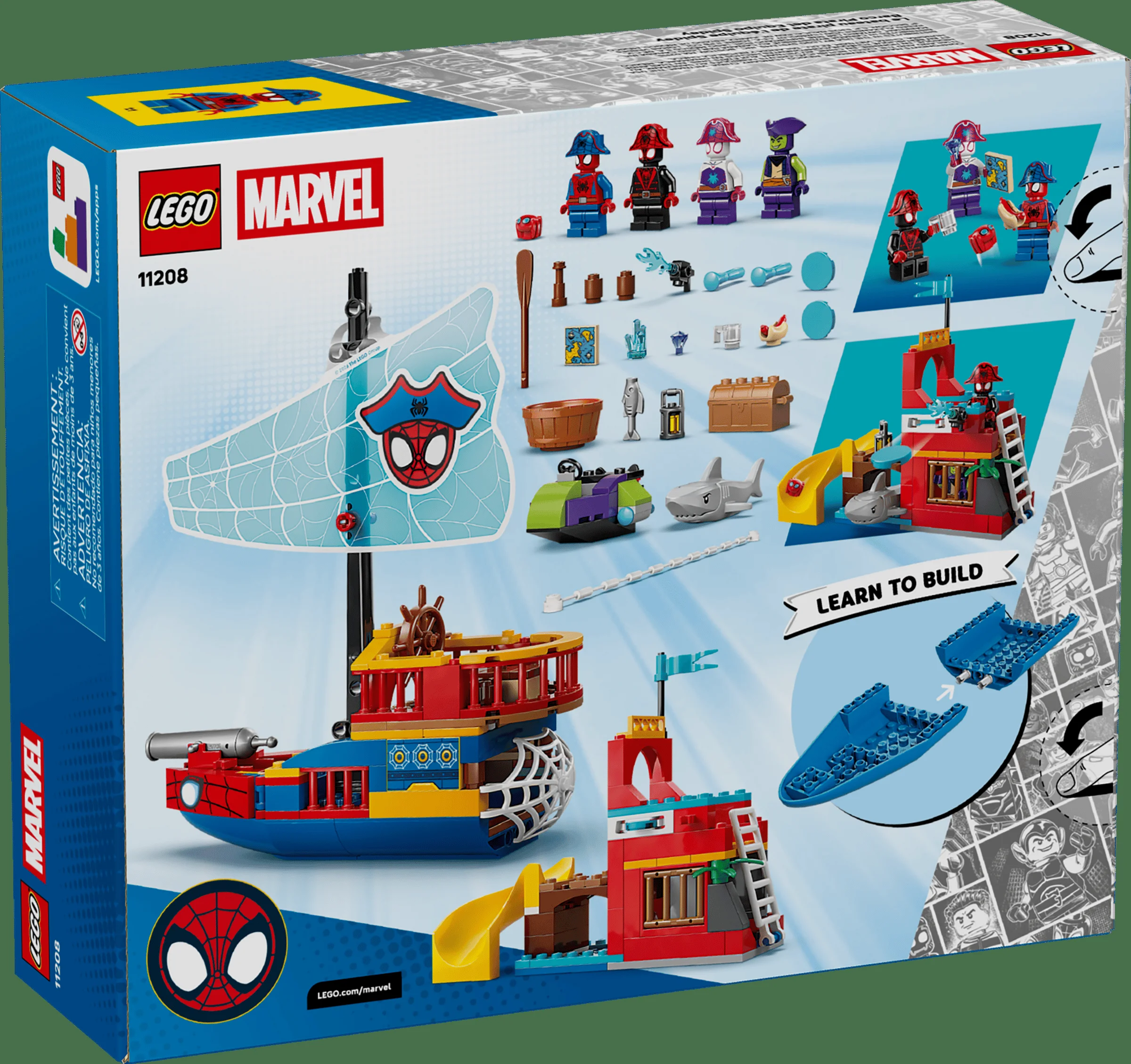 Imagine cu spatele cutiei setului LEGO 11208, cu minifigurinele și funcțiile prezentate. 