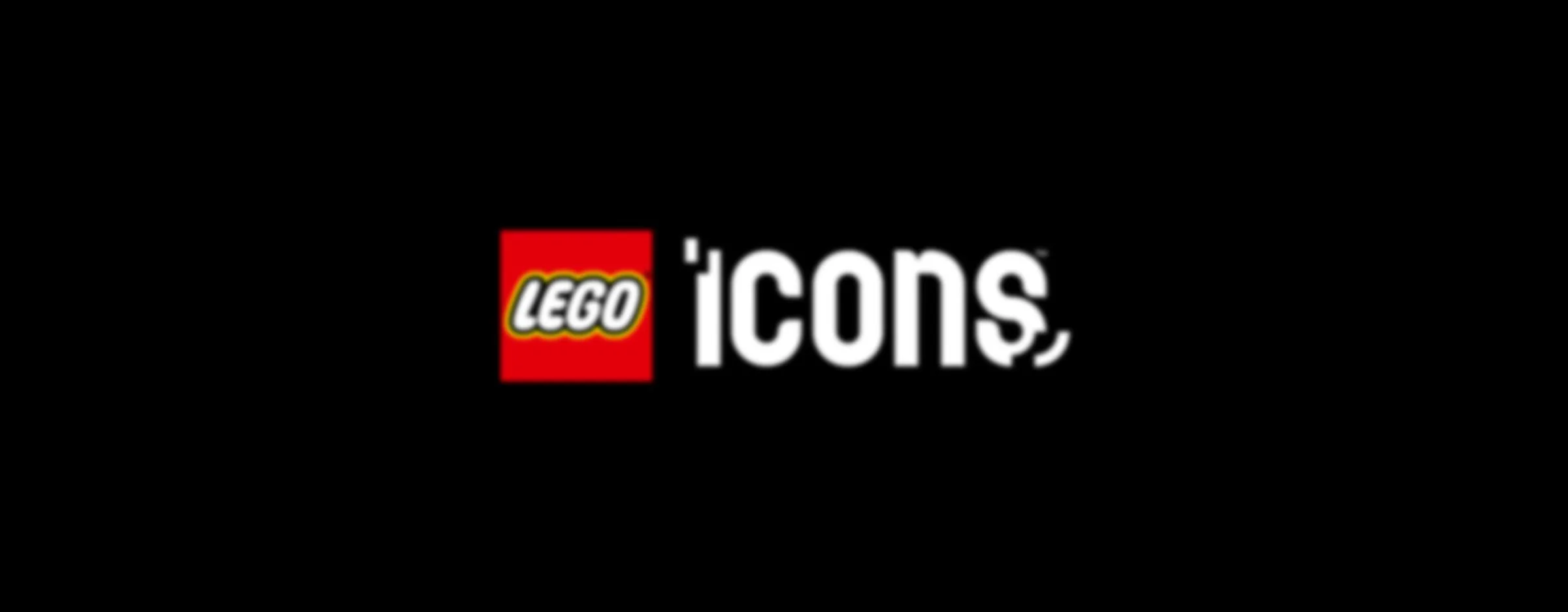 Sigla LEGO Icons, cu logo-ul LEGO roșu și textul „Icons” alb pe fundal negru.