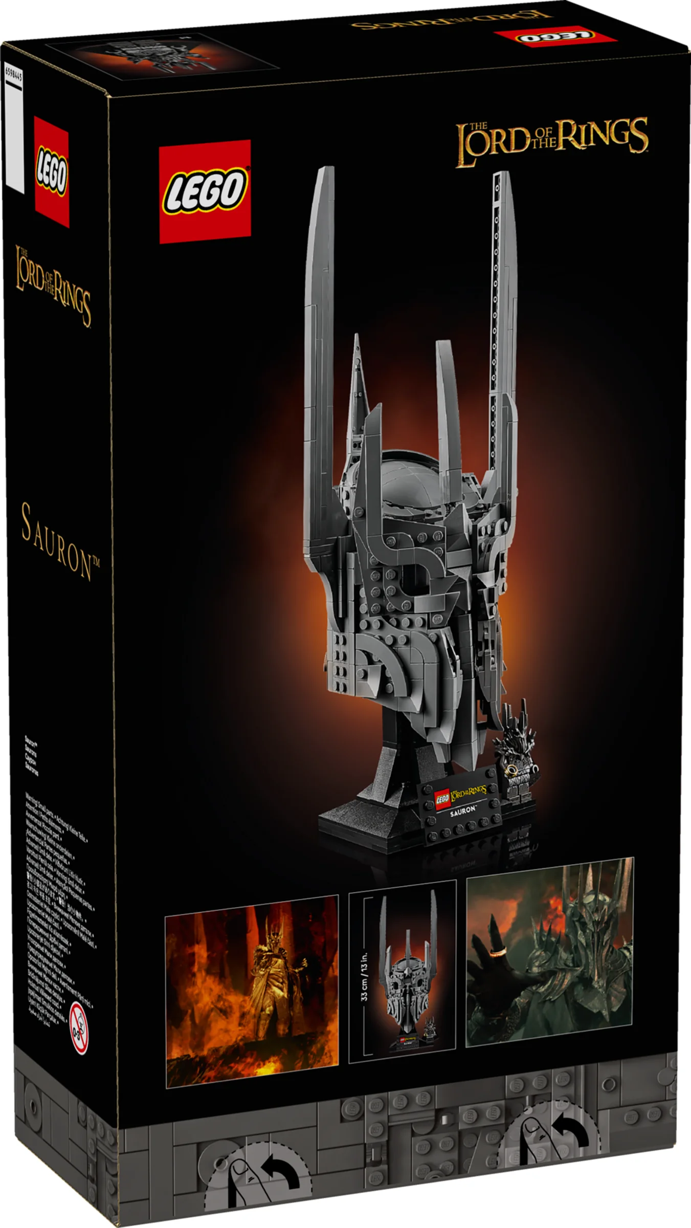 Cutia produsului LEGO Sauron's Helmet, cu casca construită și mini-figurina Sauron.