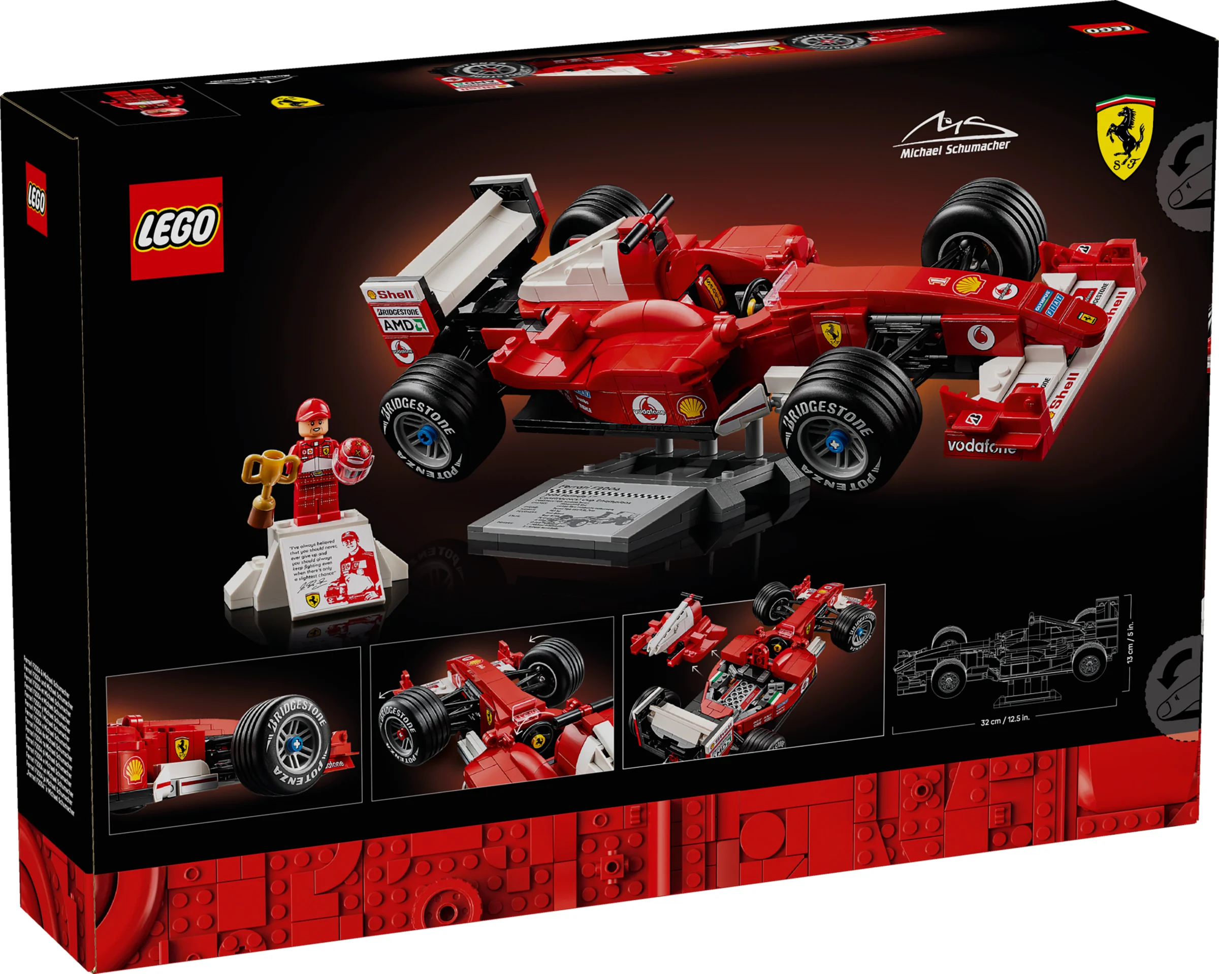 Imagine cu spatele cutiei LEGO Ferrari F2004 & Michael Schumacher, detaliind conținutul setului.