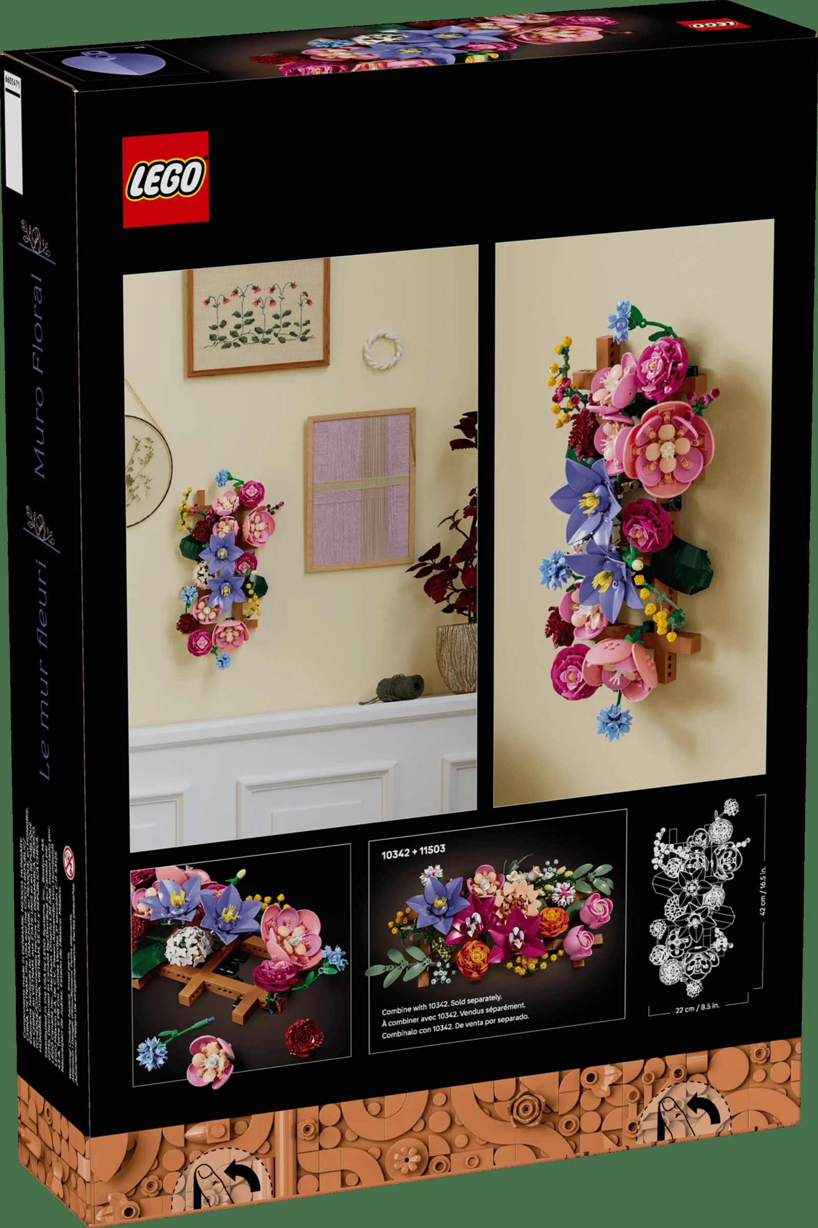 Cutia LEGO 11503 Flower Wall prezintă modelul floral montat pe un perete decorat.