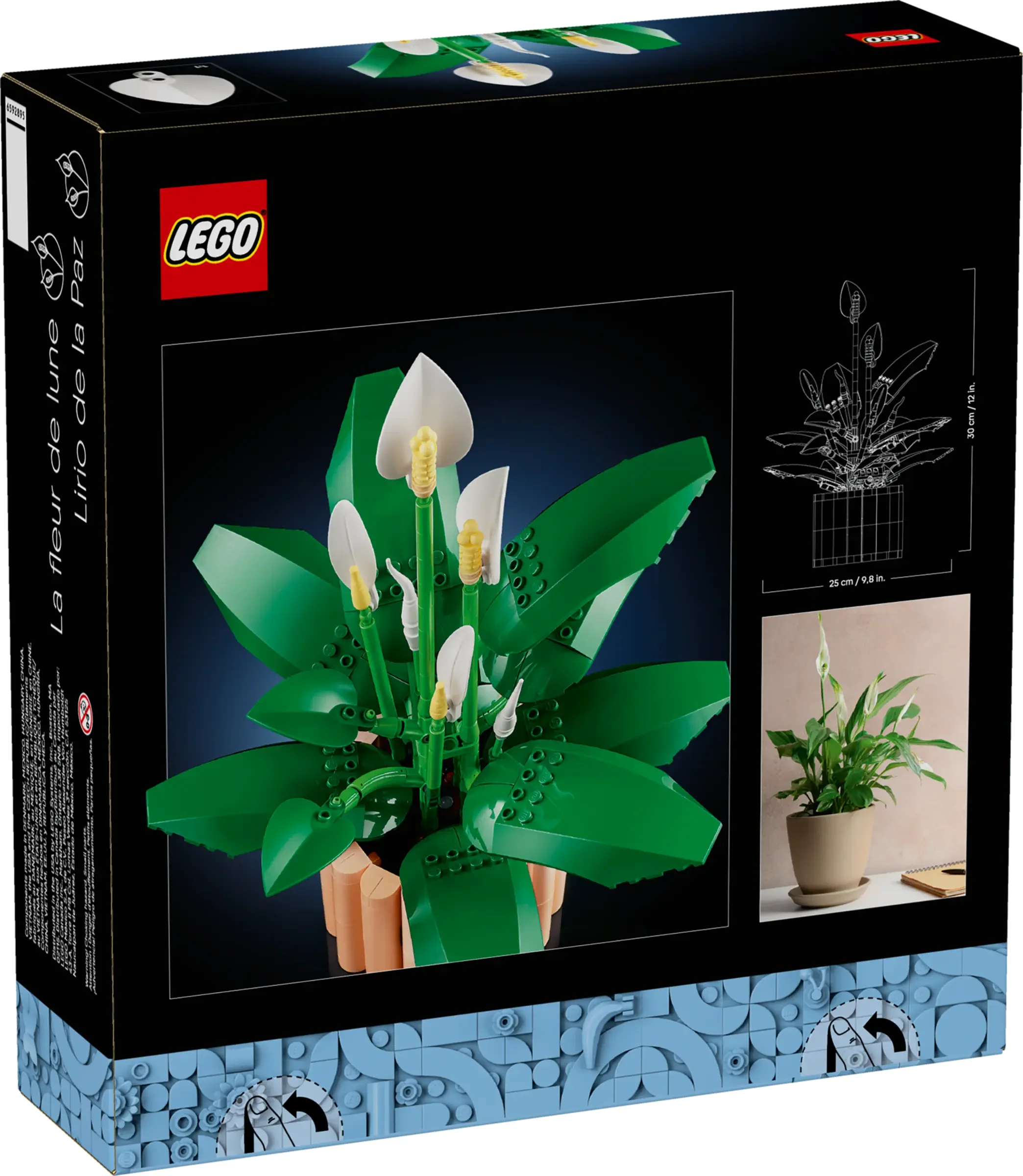 Imagine cu cutia setului LEGO 11504, prezentând modelul finisat al Crinului Păcii și alte detalii.