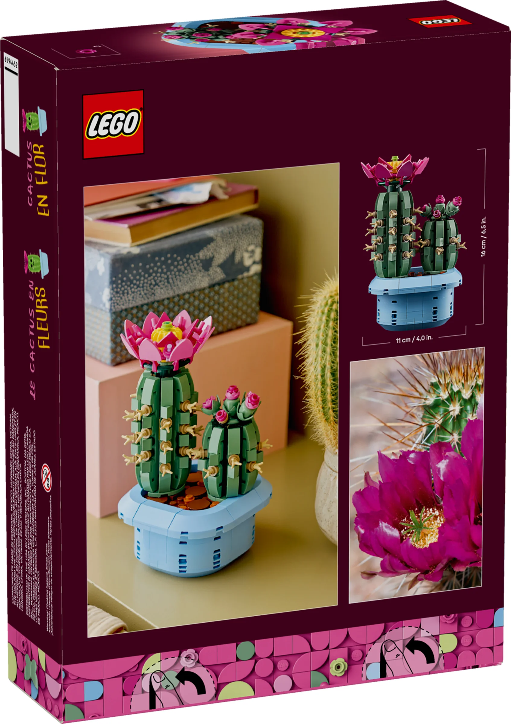 Imagine cu cutia LEGO 11509 Cactus în Flori, arătând modelul asamblat și detaliile ambalajului.