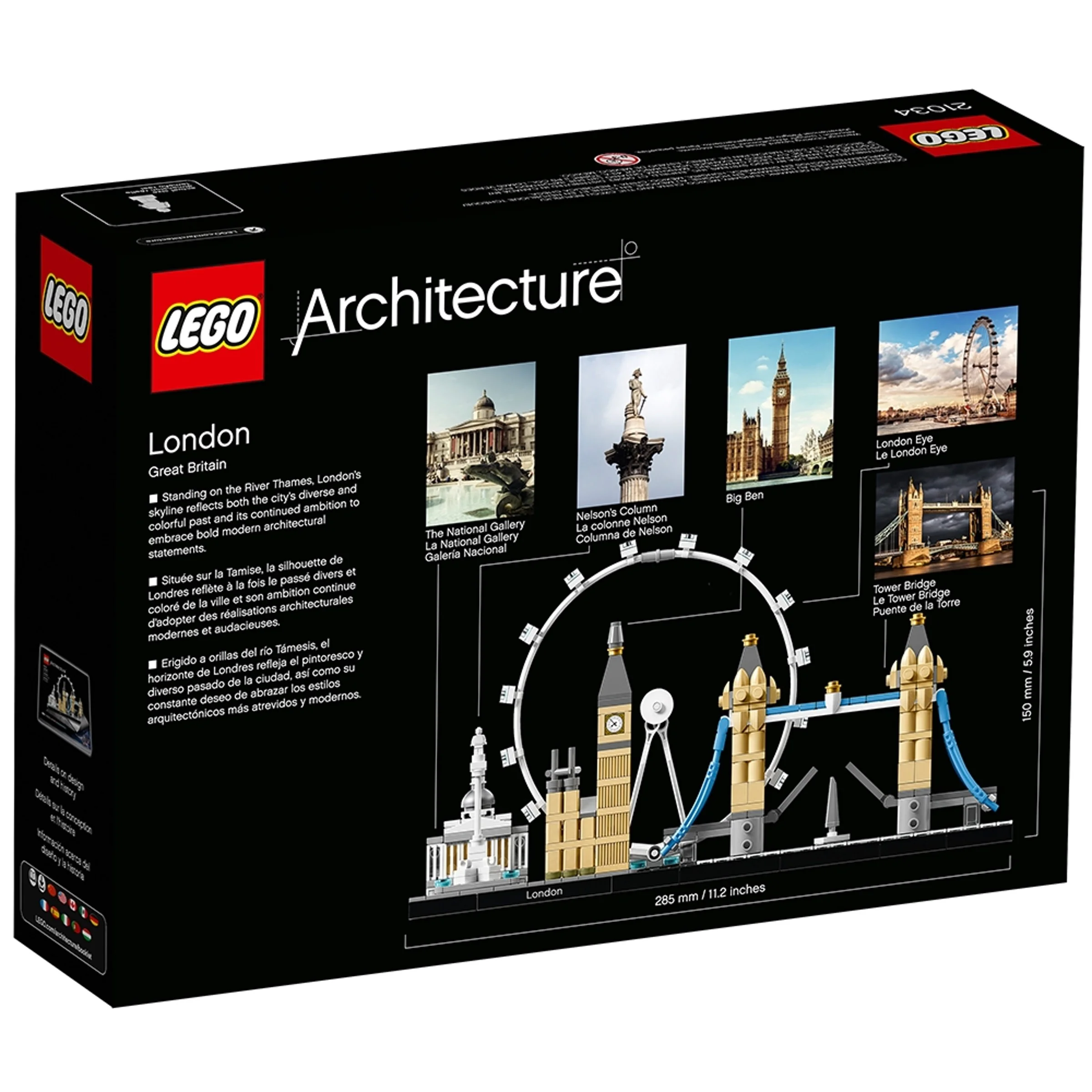 Imagine cu cutia setului LEGO Architecture 21034 London, care prezintă modelul finalizat și detaliile sale.