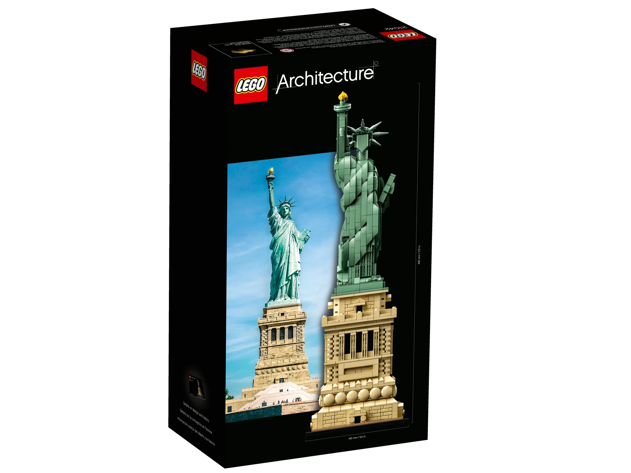 Cutia LEGO Architecture 21042, Statuia Libertății. Imaginea include modelul LEGO și o fotografie a statuii reale.