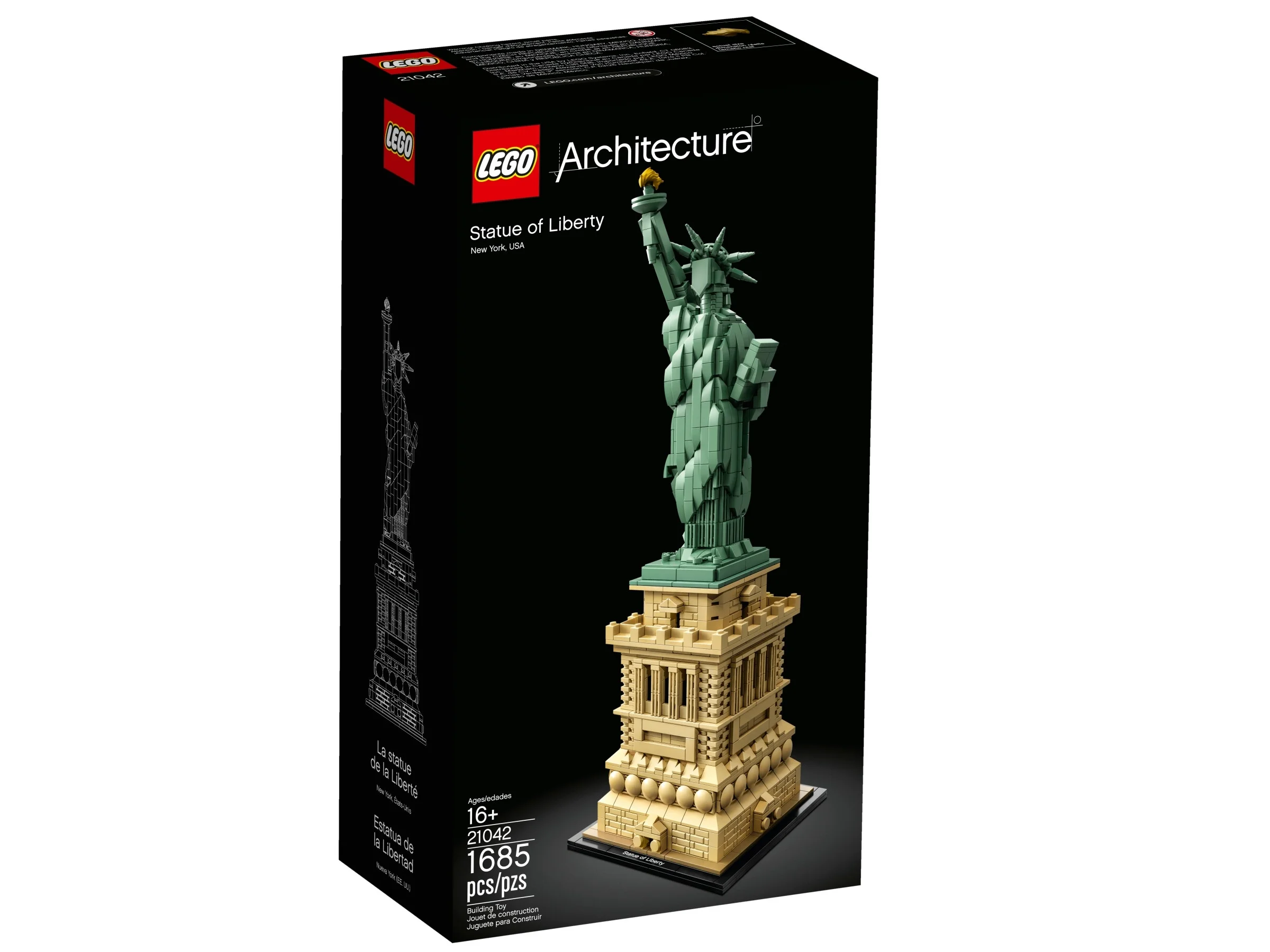 Cutia setului LEGO Architecture 21042 Statuia Libertății. Design negru elegant cu modelul construit.
