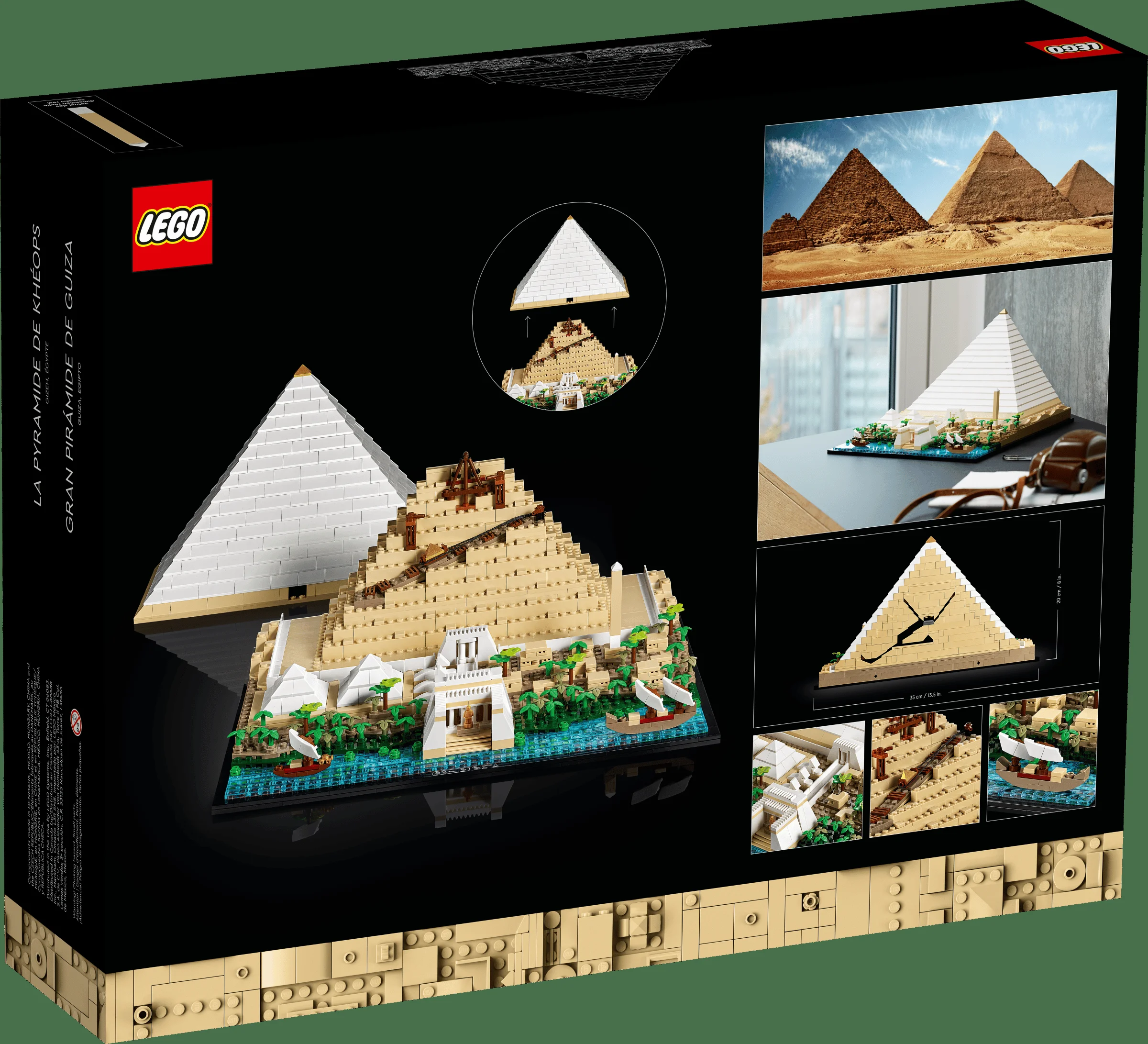 Cutia LEGO 21058 Piramida lui Keops prezintă modelul finalizat și detalii despre construcție.