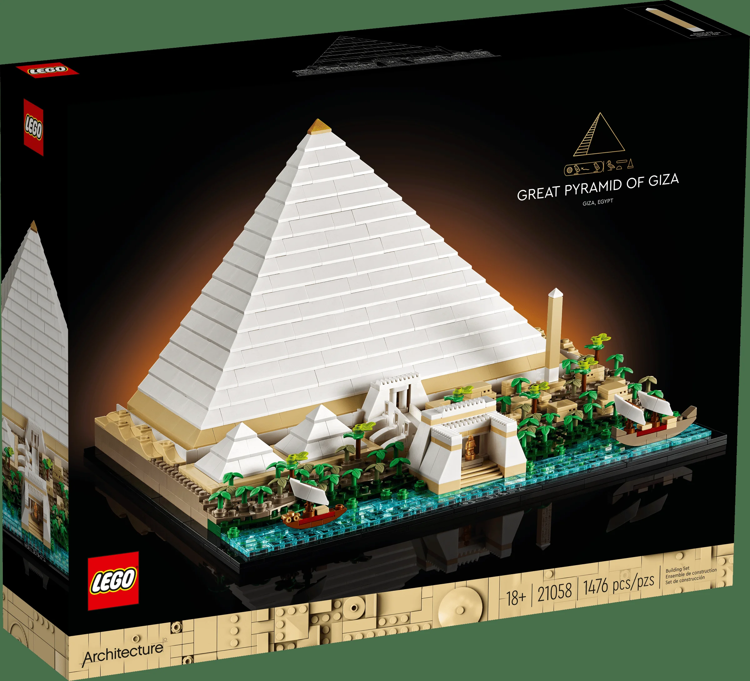 Cutie LEGO Architecture 21058, piramida din Giza, cu detalii complexe și elemente de peisaj.