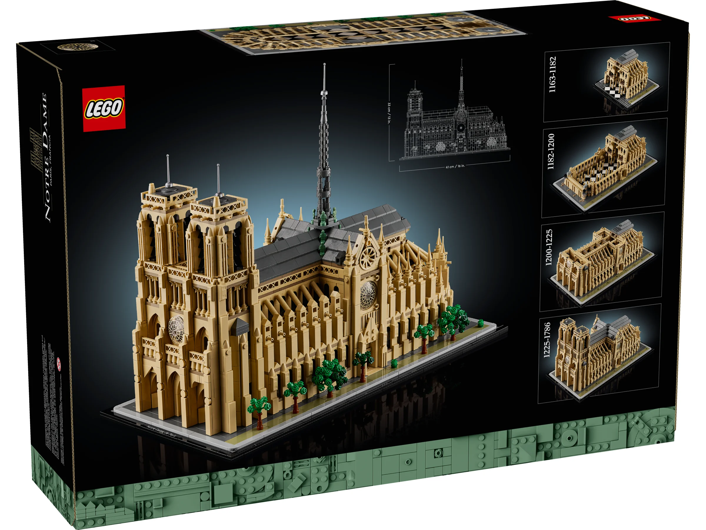 Cutie LEGO Notre-Dame de Paris, prezentând modelul finalizat și etapele de construcție. 
