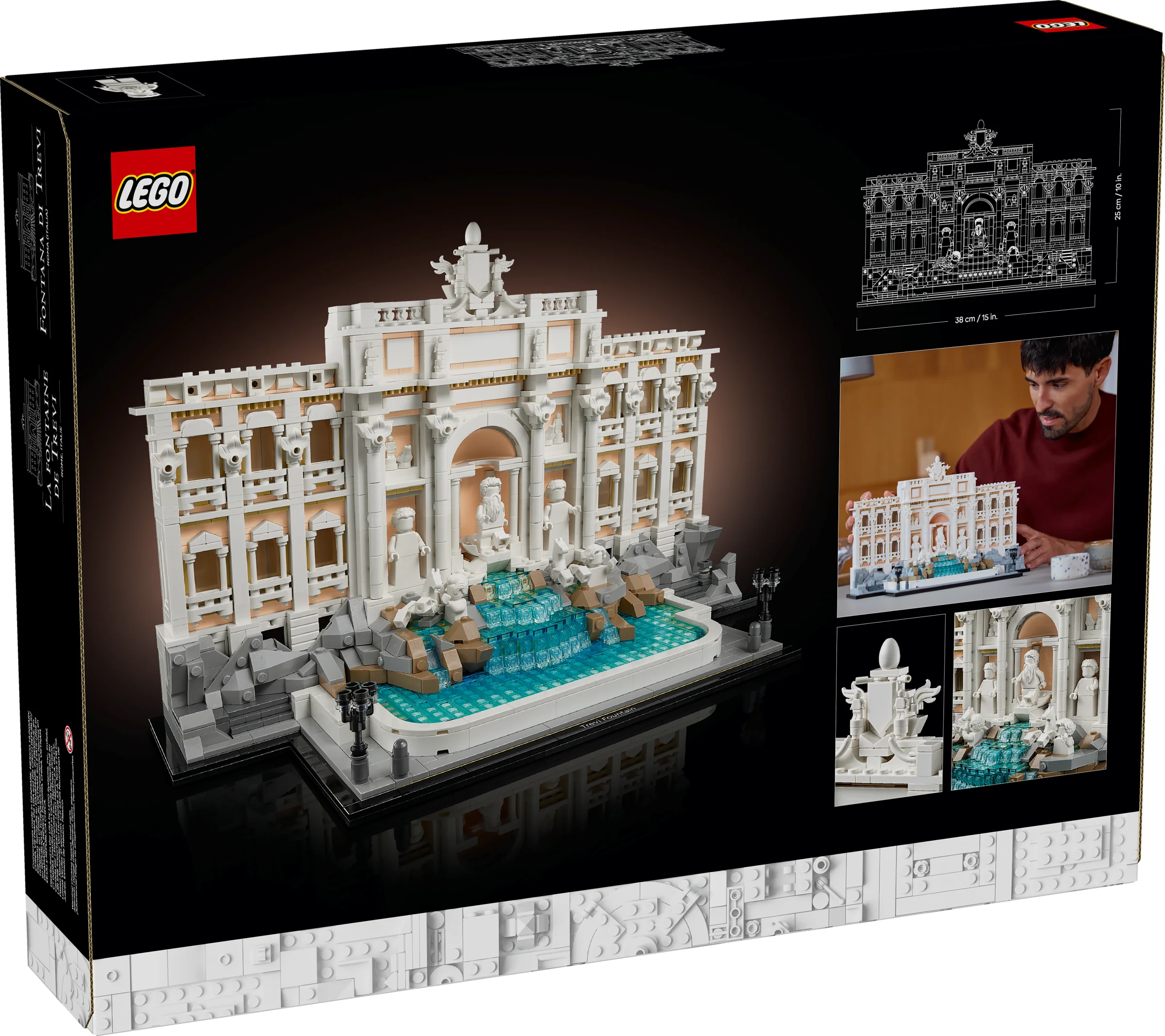 Imagine a cutiei LEGO cu Fontana di Trevi, model detaliat și alte imagini informative.