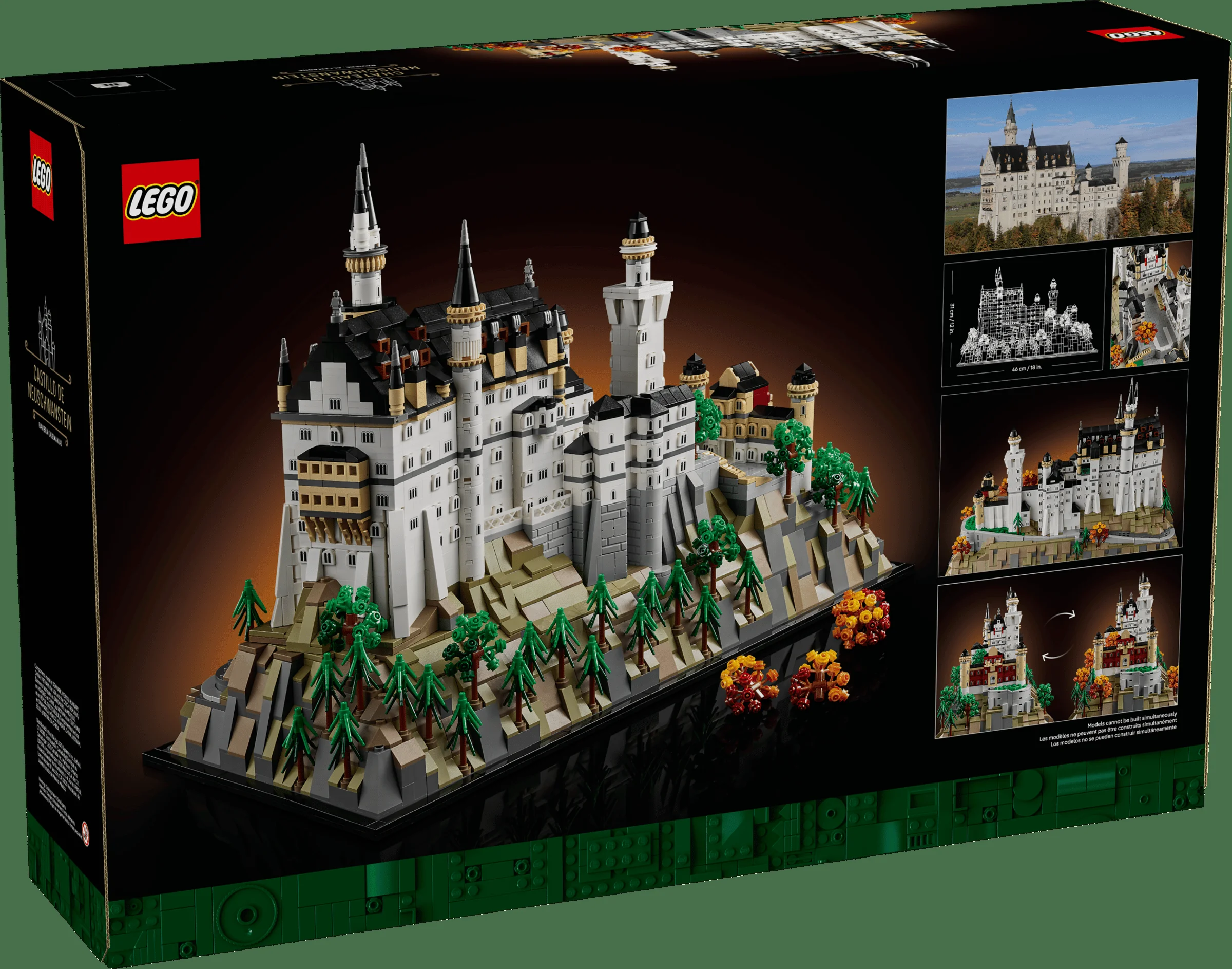 Cutie LEGO Neuschwanstein cu modelul asamblat, detalii arhitecturale și peisajul montan. Un set impresionant!