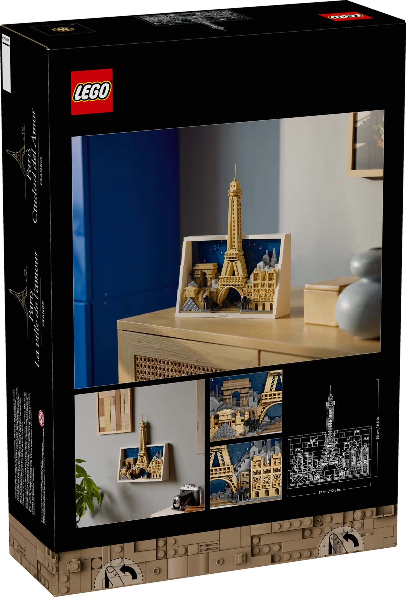 Imagine cu cutia setului LEGO 21064 Paris, cu modelul asamblat prezentat pe un fundal elegant.